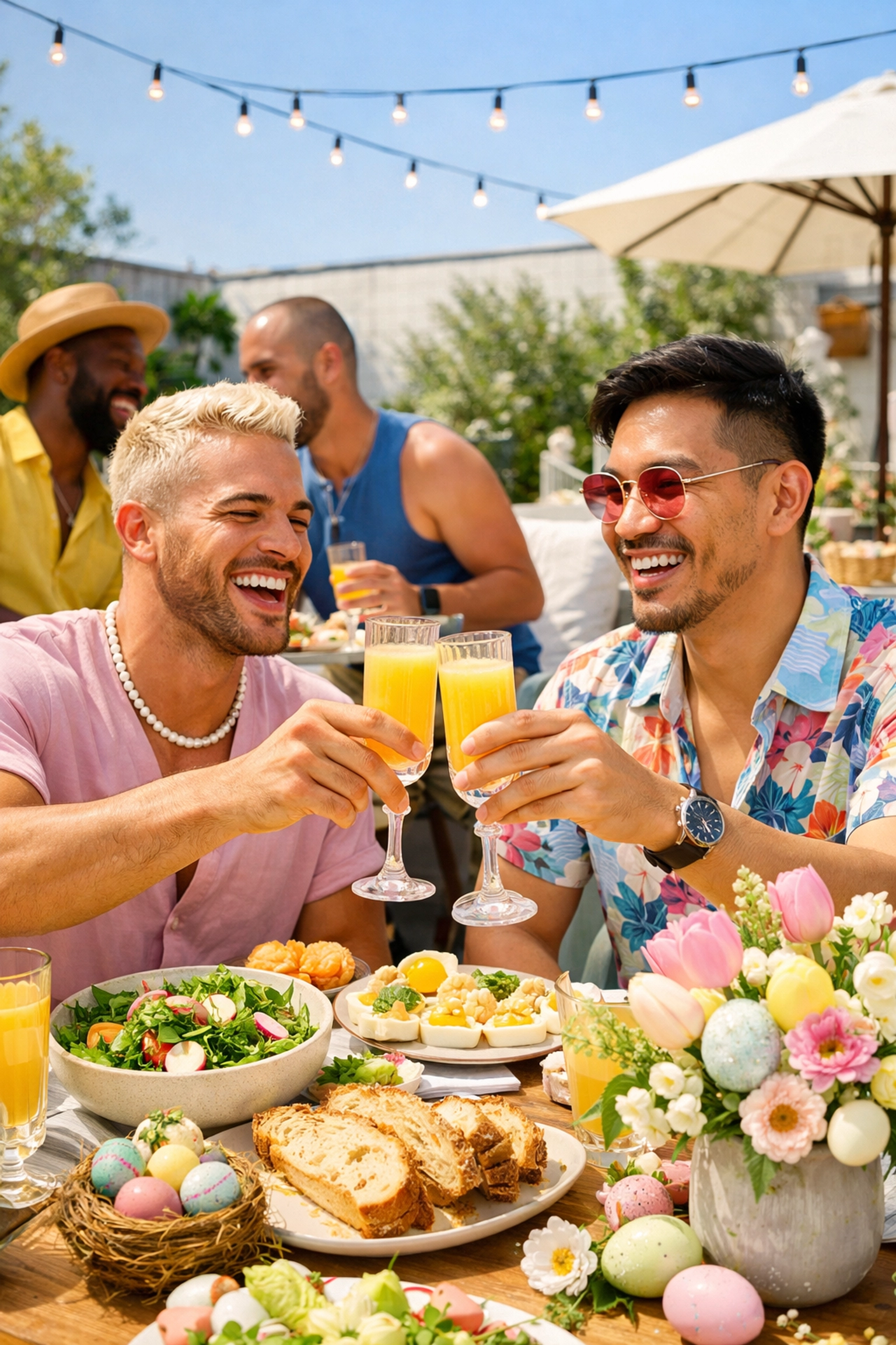 Queer friends enjoying a sun-drenched Easter brunch together, celebrating the heartwarming found family trope.