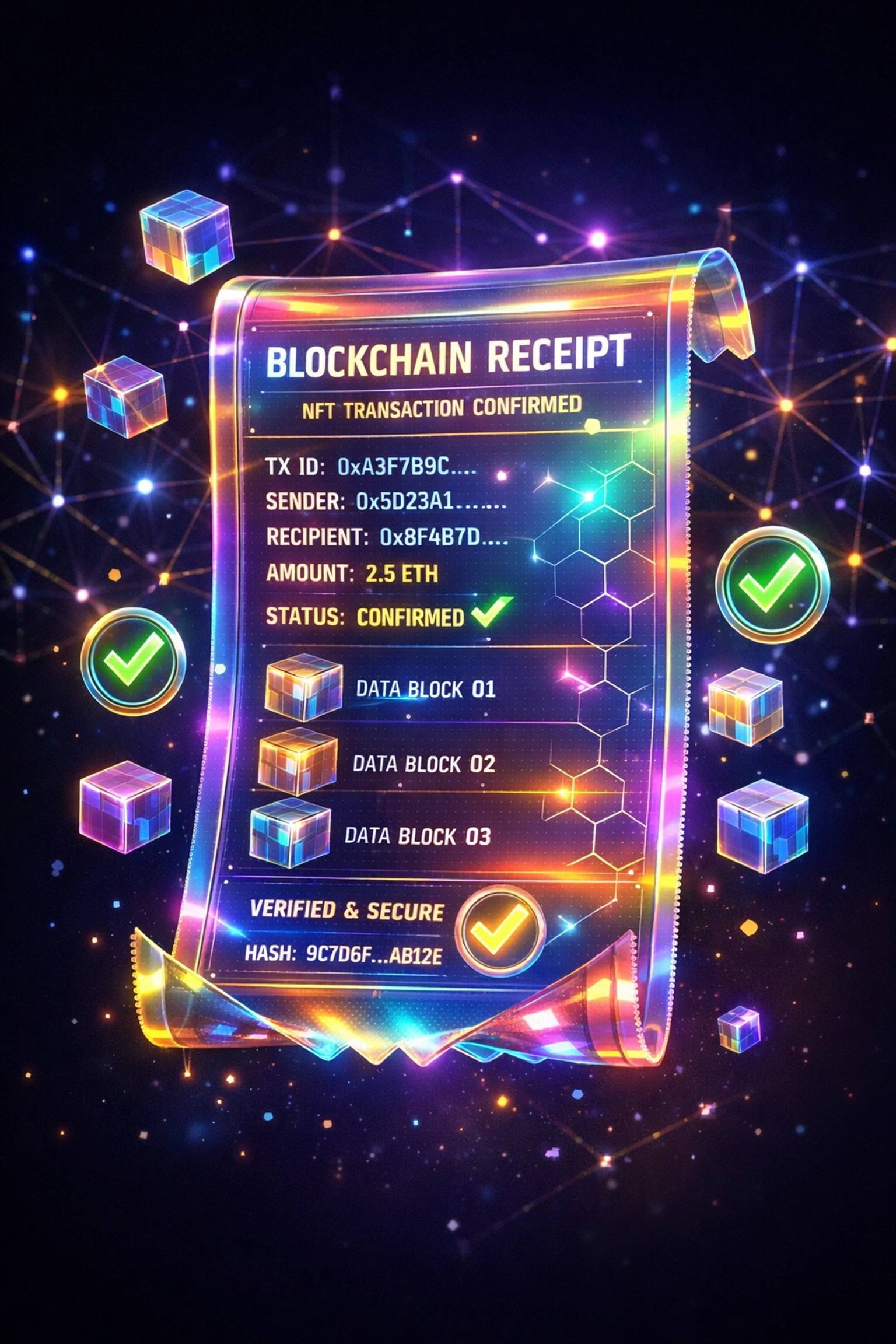 Blockchain NFT receipt with verification nodes for permanent crypto transaction records