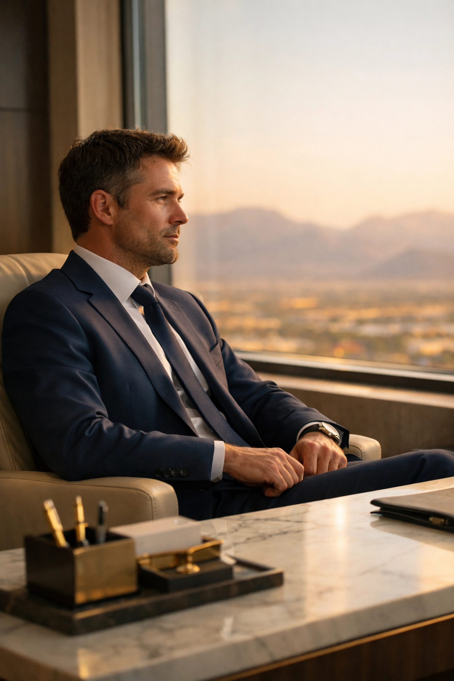 Las Vegas executive in a modern office reflecting on symptoms of fatigue and hormonal imbalance.