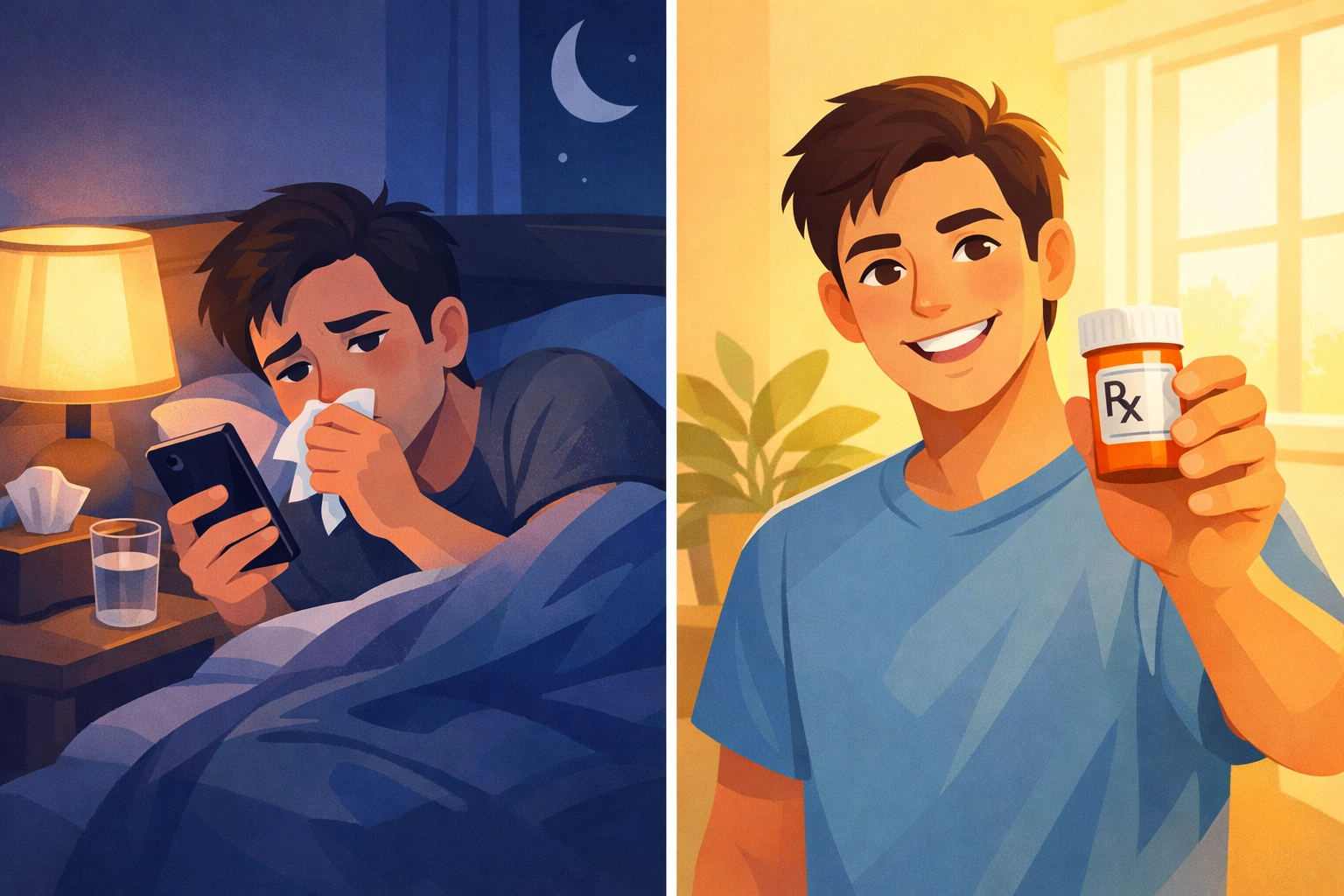 Before and after online urgent care treatment showing quick recovery with prescription