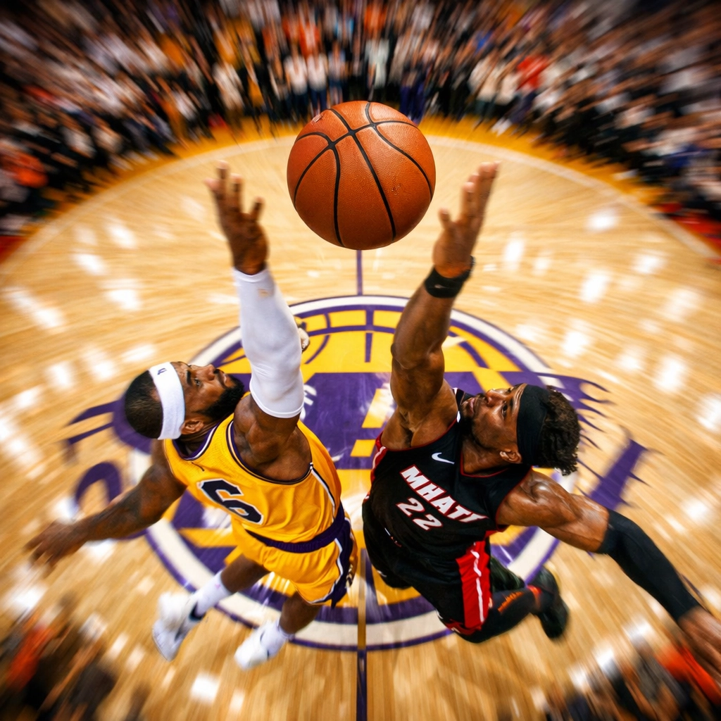 Lakers and Heat players at tip-off for the NBA game of the night betting analysis.