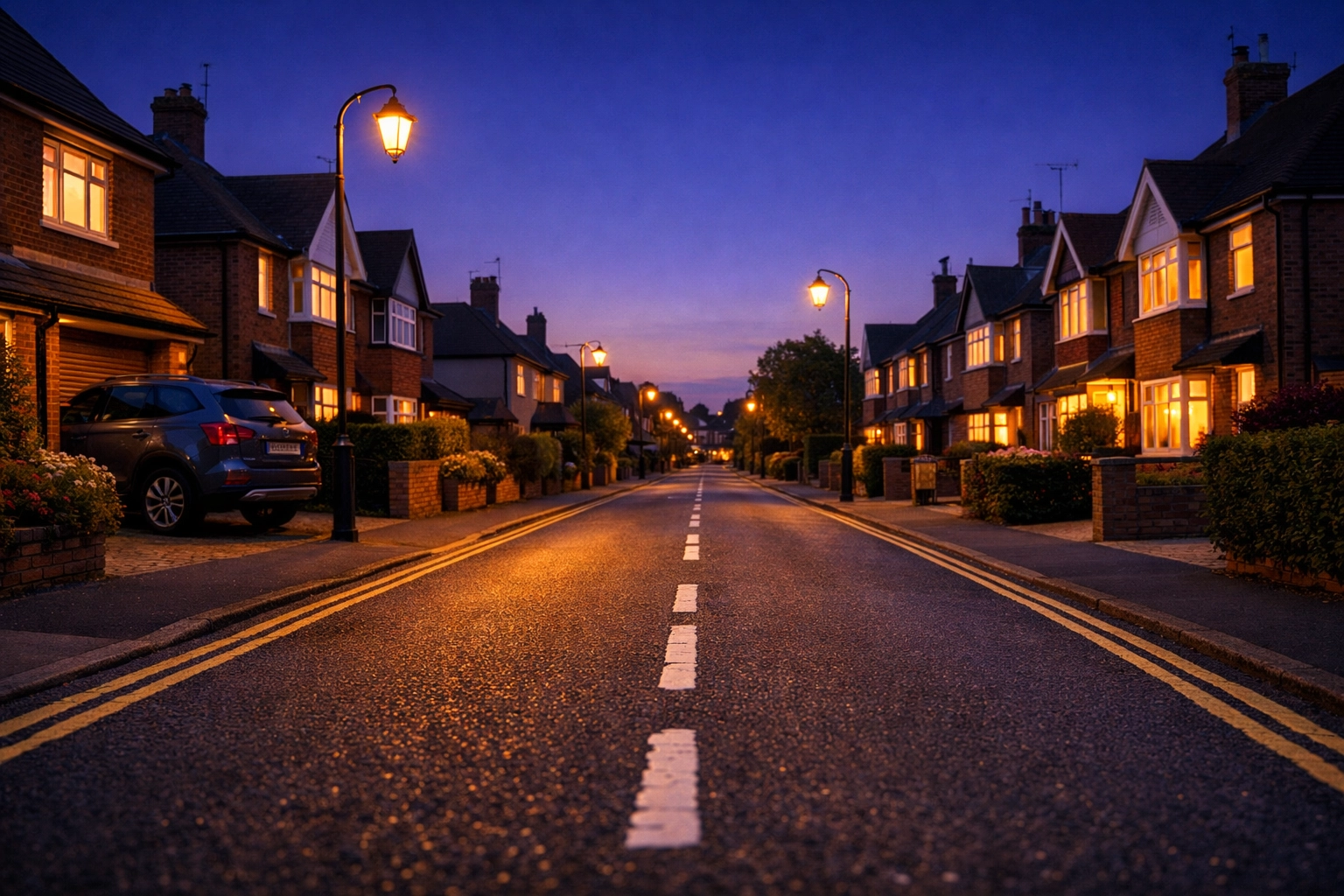 A peaceful residential street in Tadley at dusk protected by modern CCTV and home security systems.