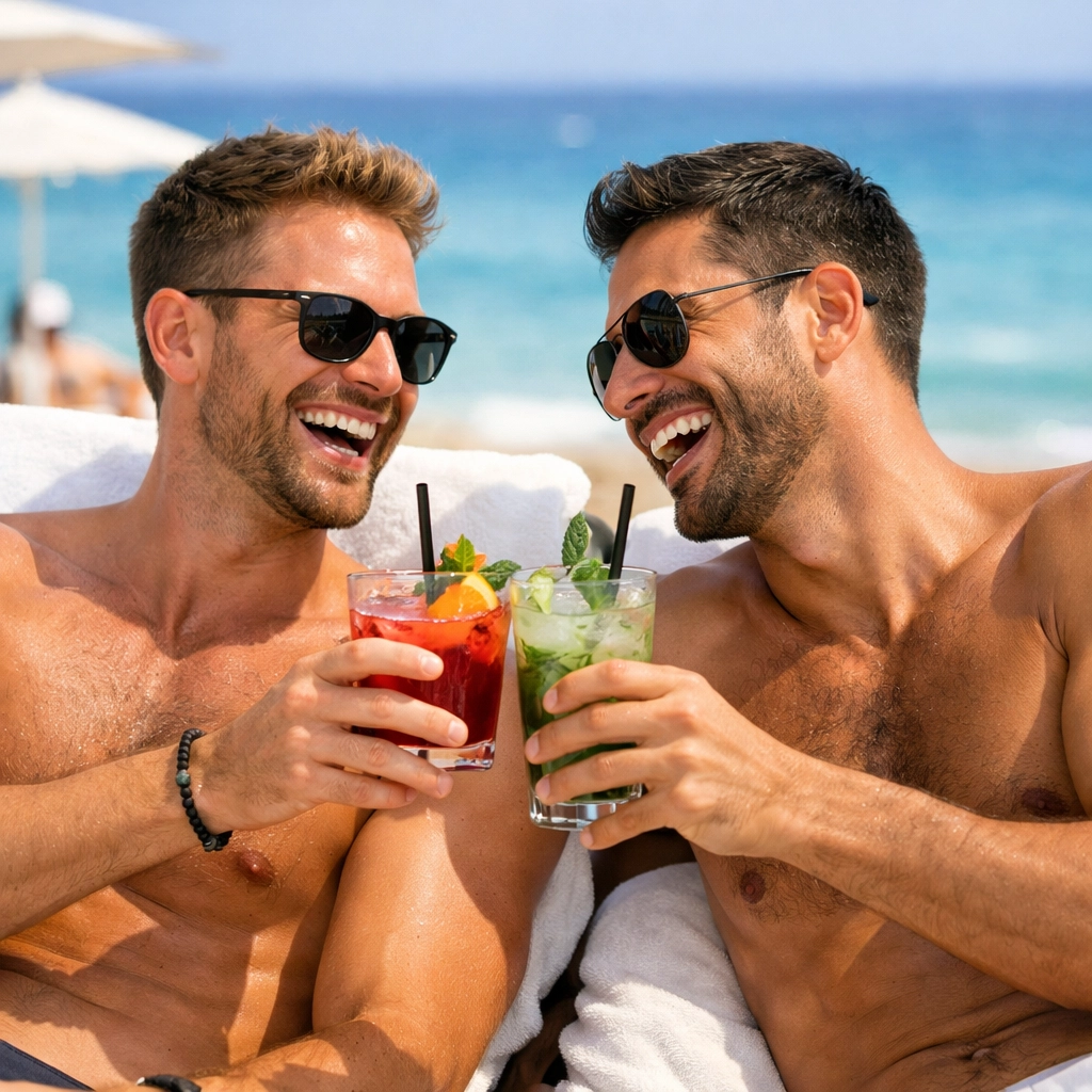 Gay travelers enjoying cocktails at Super Paradise Beach club sunbeds in Mykonos