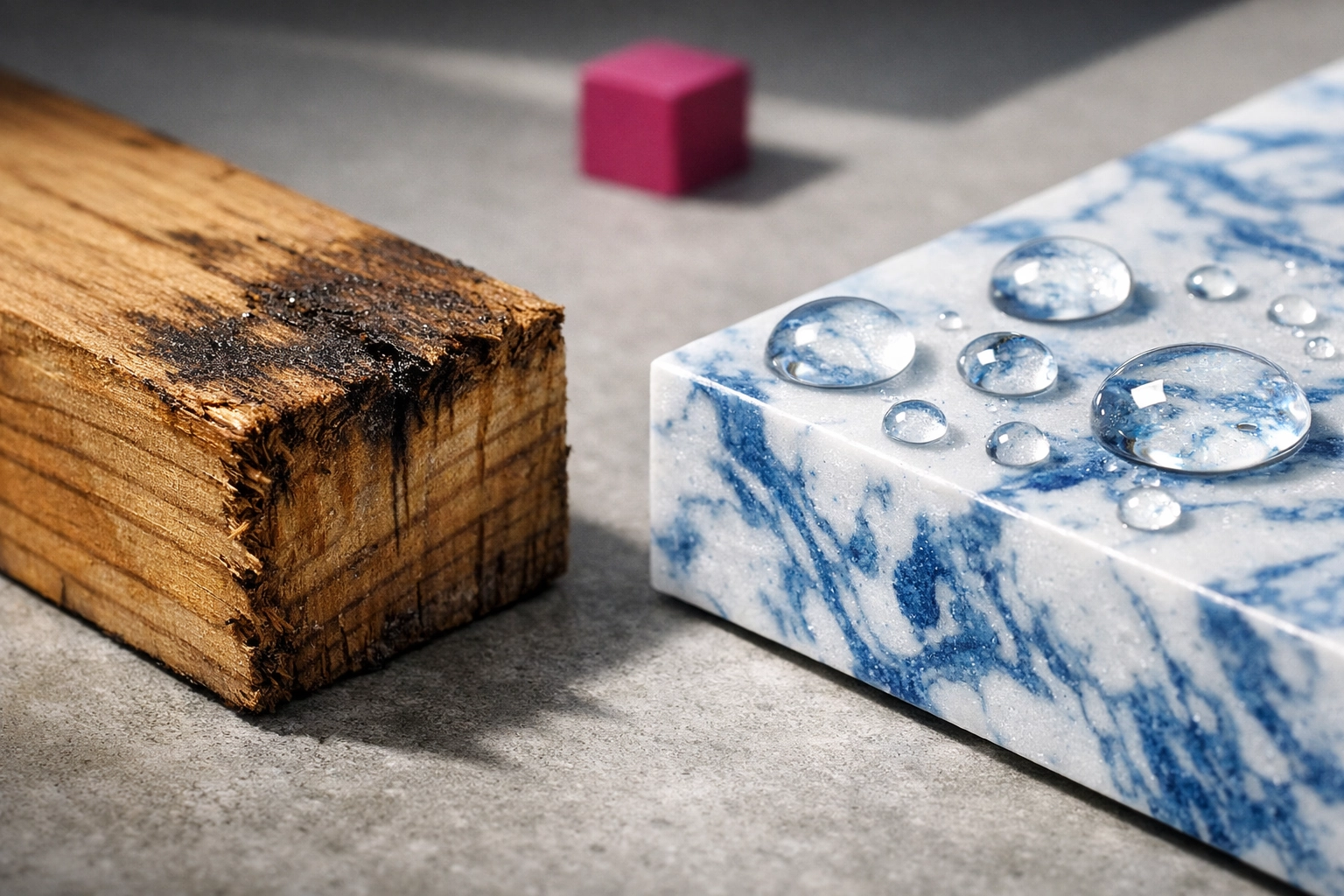 Side-by-side comparison showing water-damaged timber versus waterproof recycled plastic panels for fit-outs.