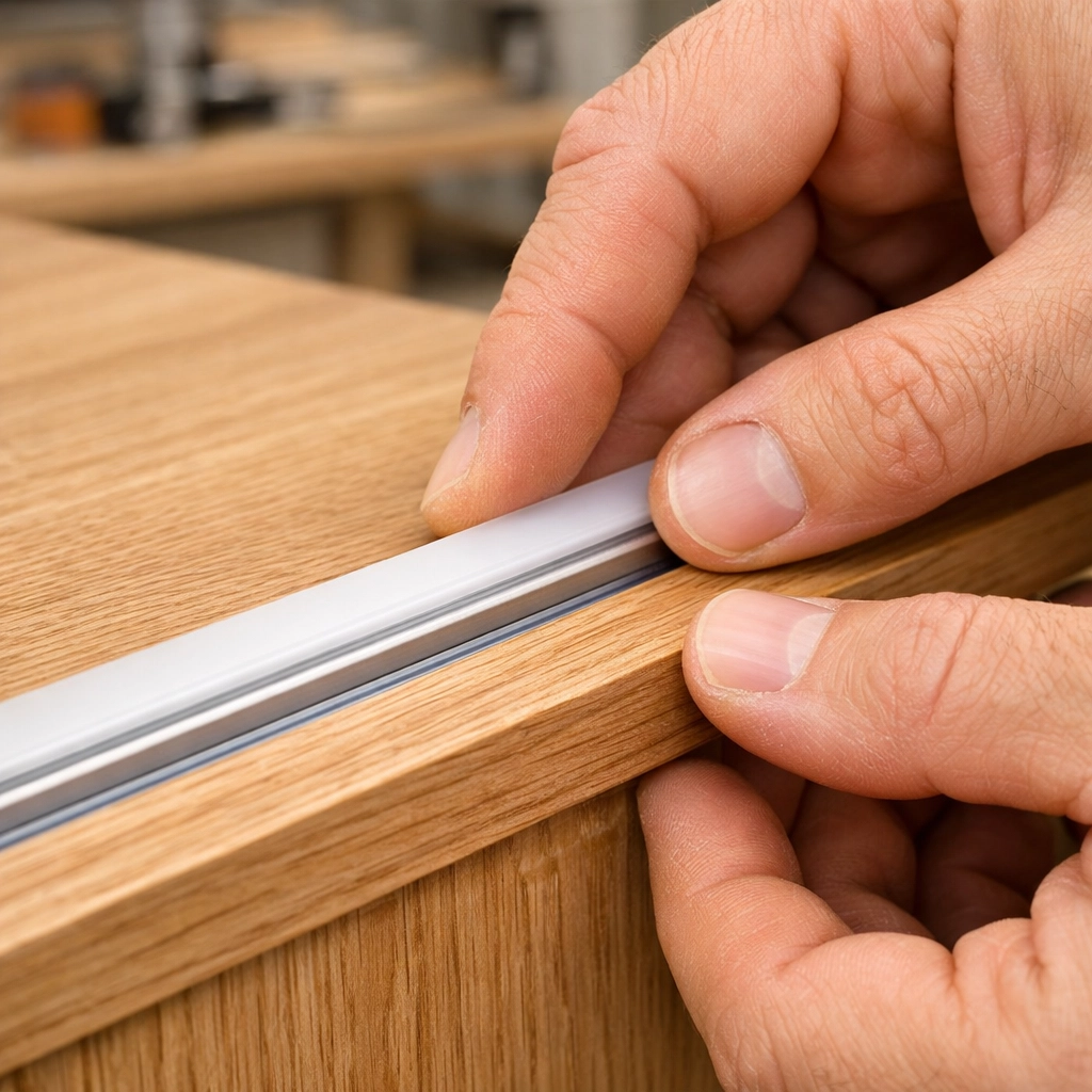 Precision installation of custom LED light channels into handcrafted oak kitchen cabinets.