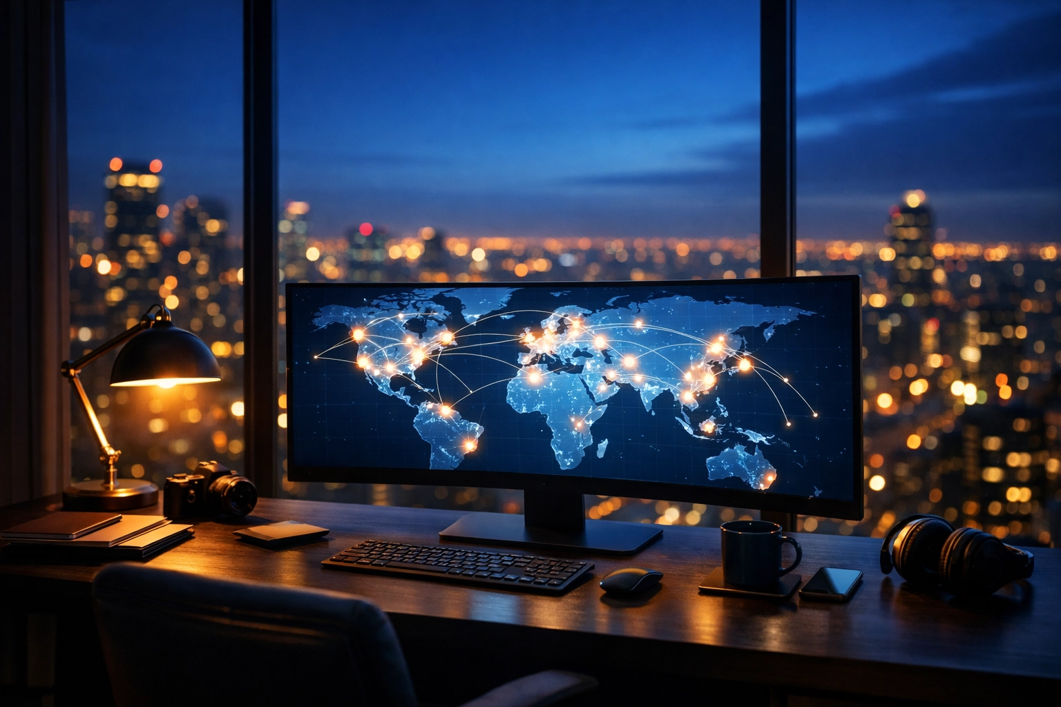 Global map on a computer screen representing the transition to a scaled and profitable blog business.