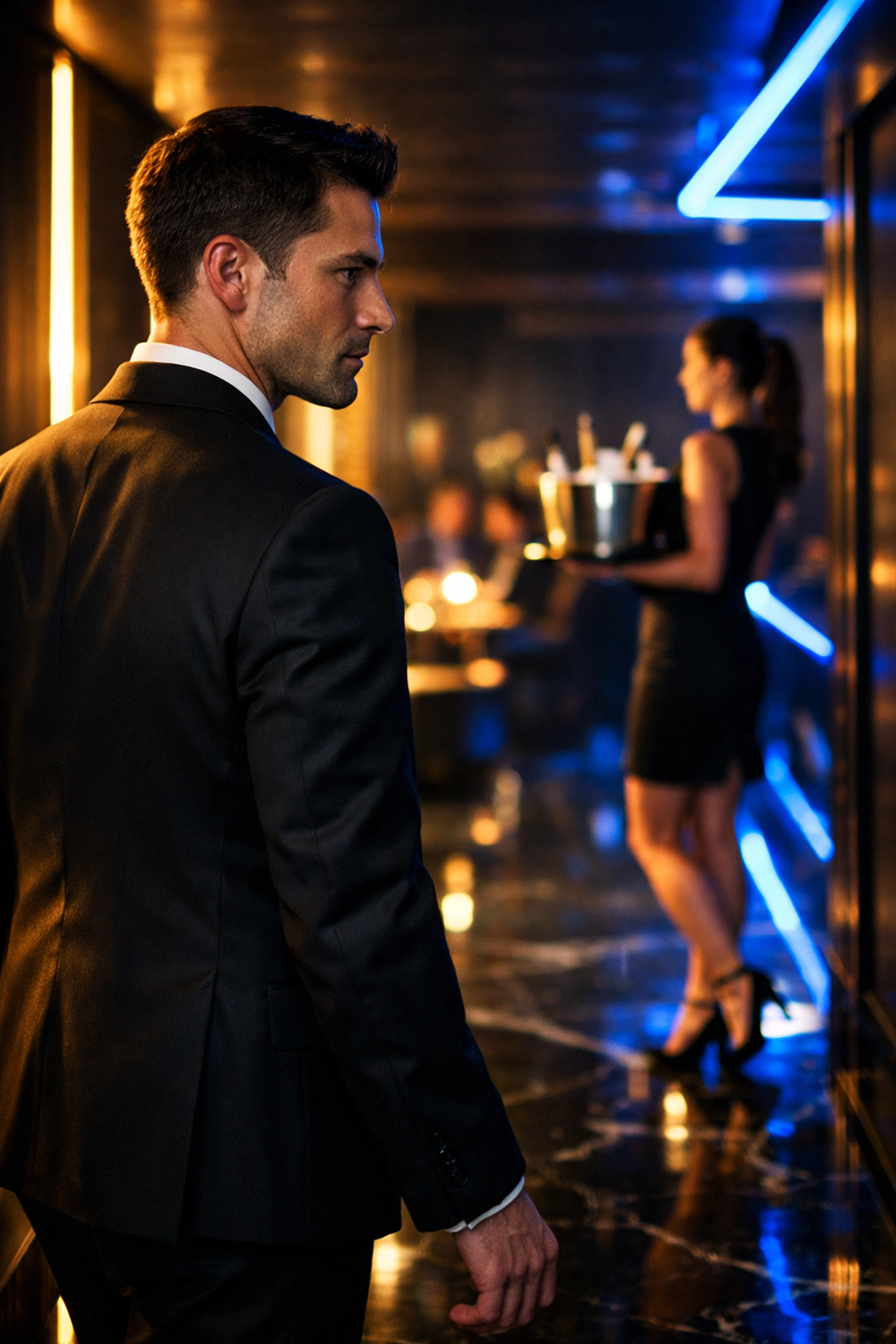 Professional nightclub host coordinating seamless guest service in a luxury nightlife setting.