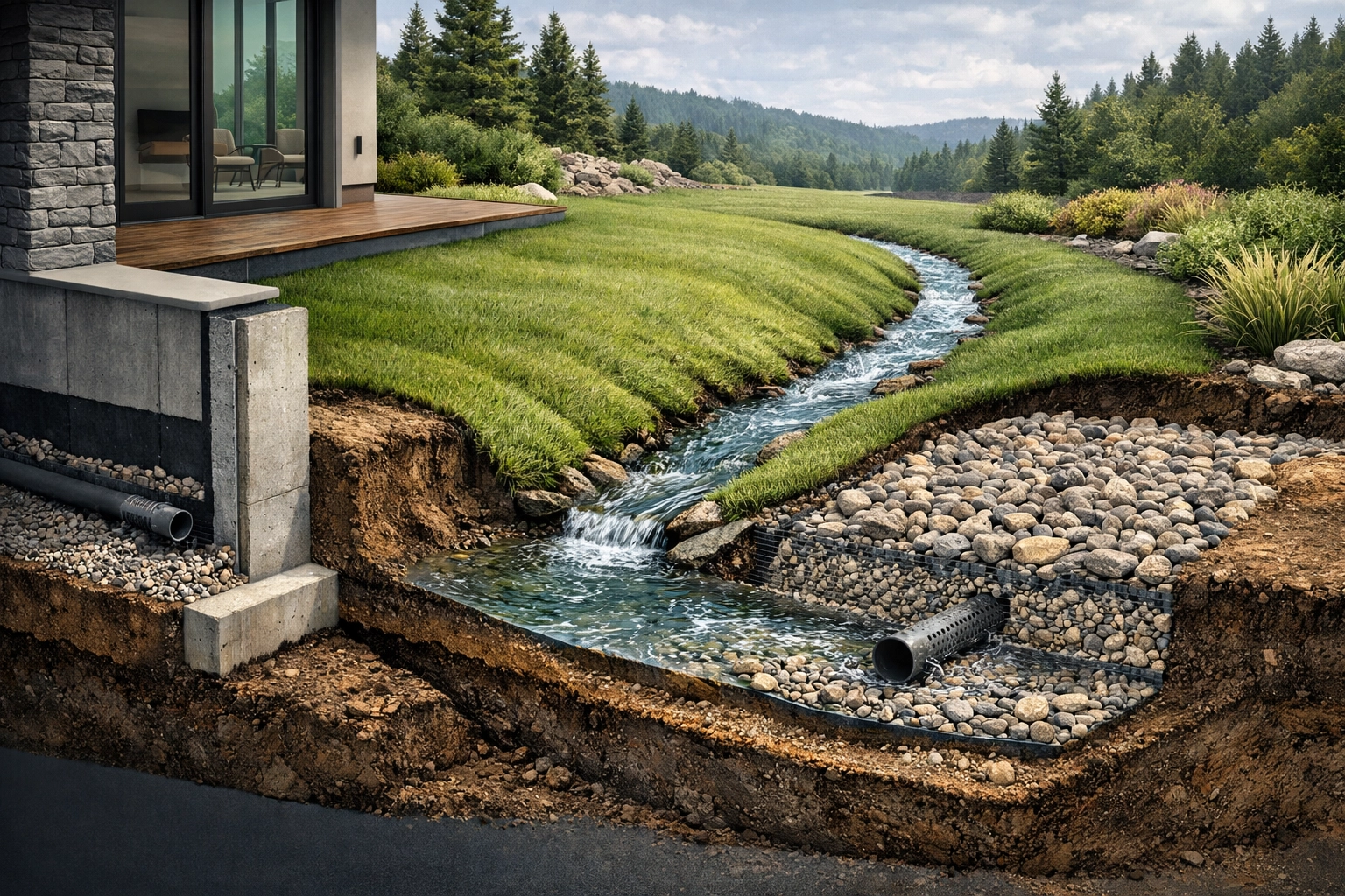 Detailed landscape grading showing how precise slopes and swales manage property water drainage.