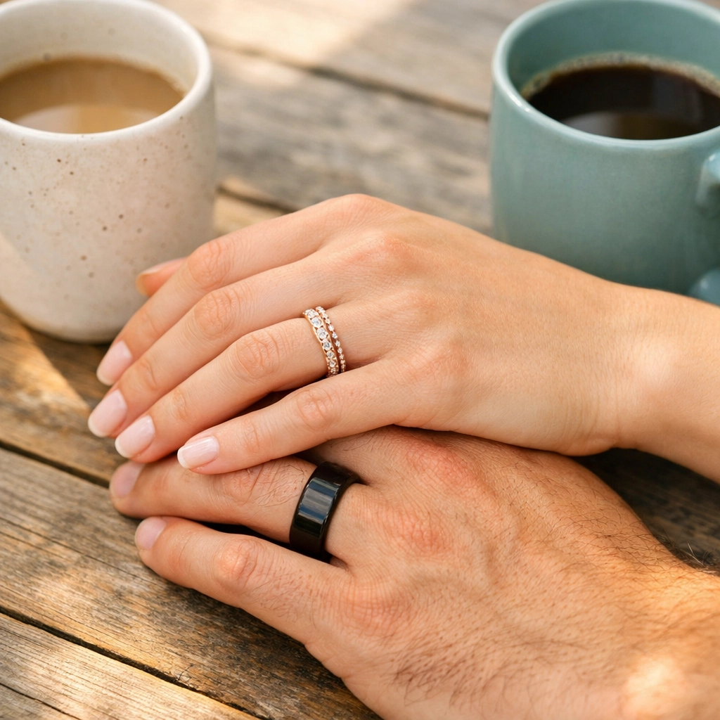 A couple's hands with non-matching rings, featuring a rose gold band and a black tungsten men's ring.