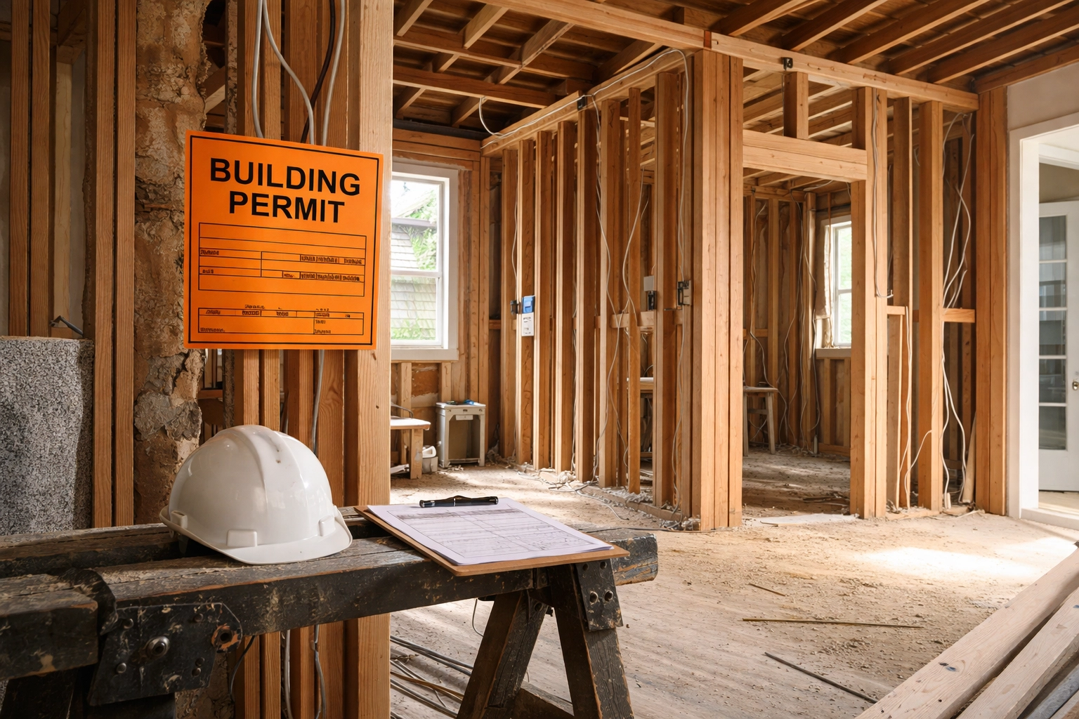Residential renovation site with visible building permit, illustrating importance of contractor permit compliance