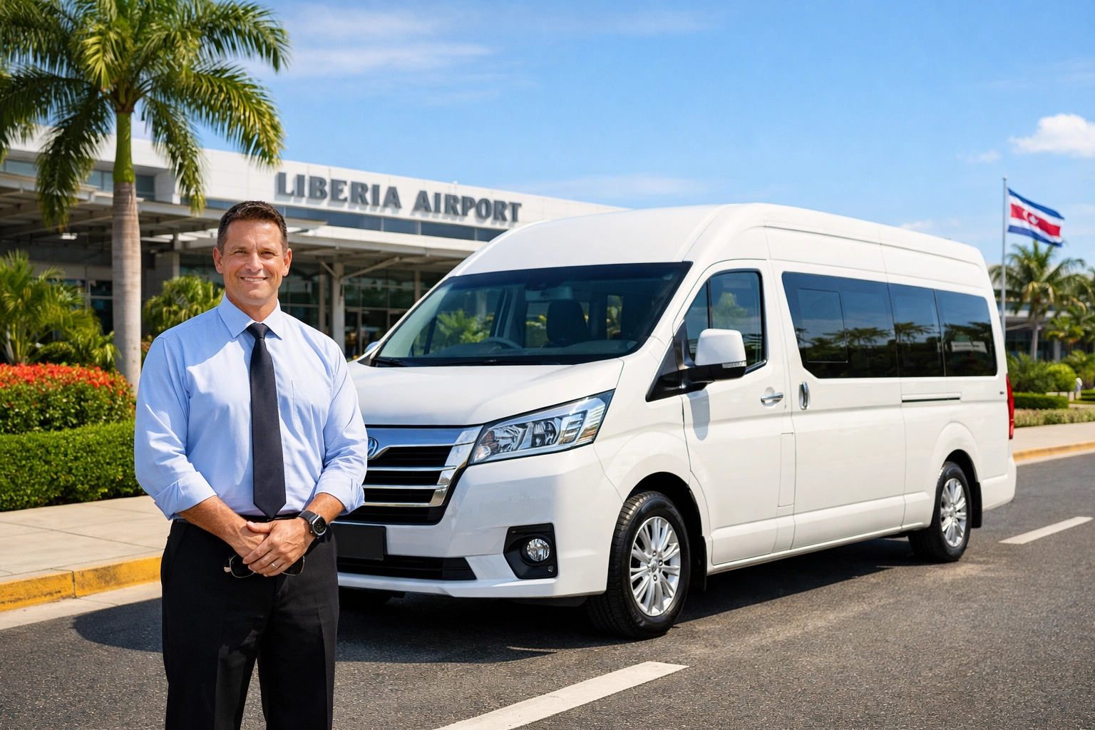 Authorized Liberia airport shuttle van and professional driver waiting at the terminal.