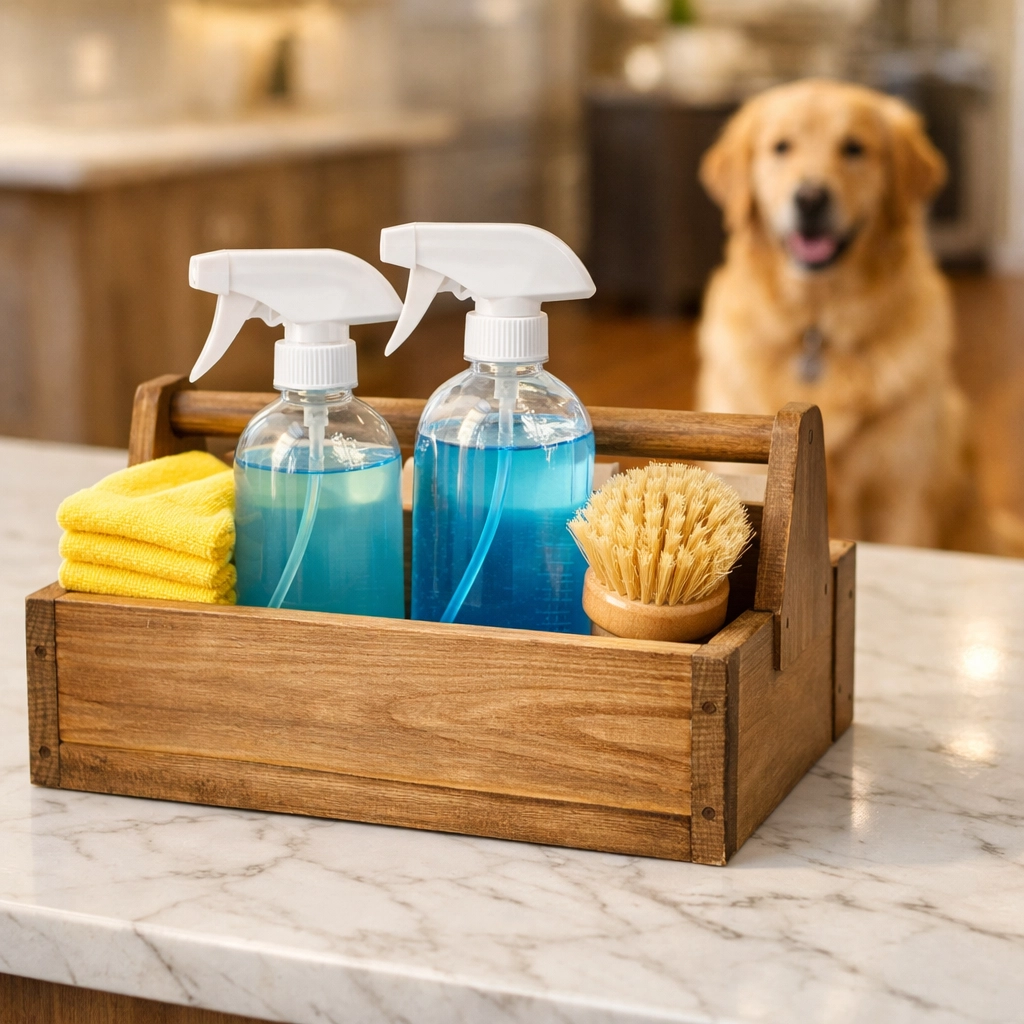 Eco-friendly products used for pet-safe house cleaning Ashby MA on a white marble countertop.