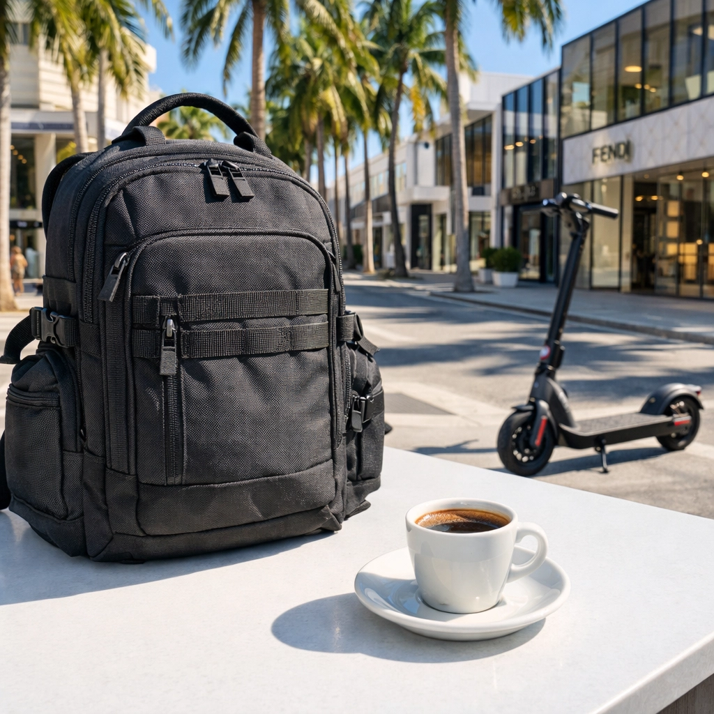 Professional photography gear and Cuban coffee in the Miami Design District for an early event shoot.