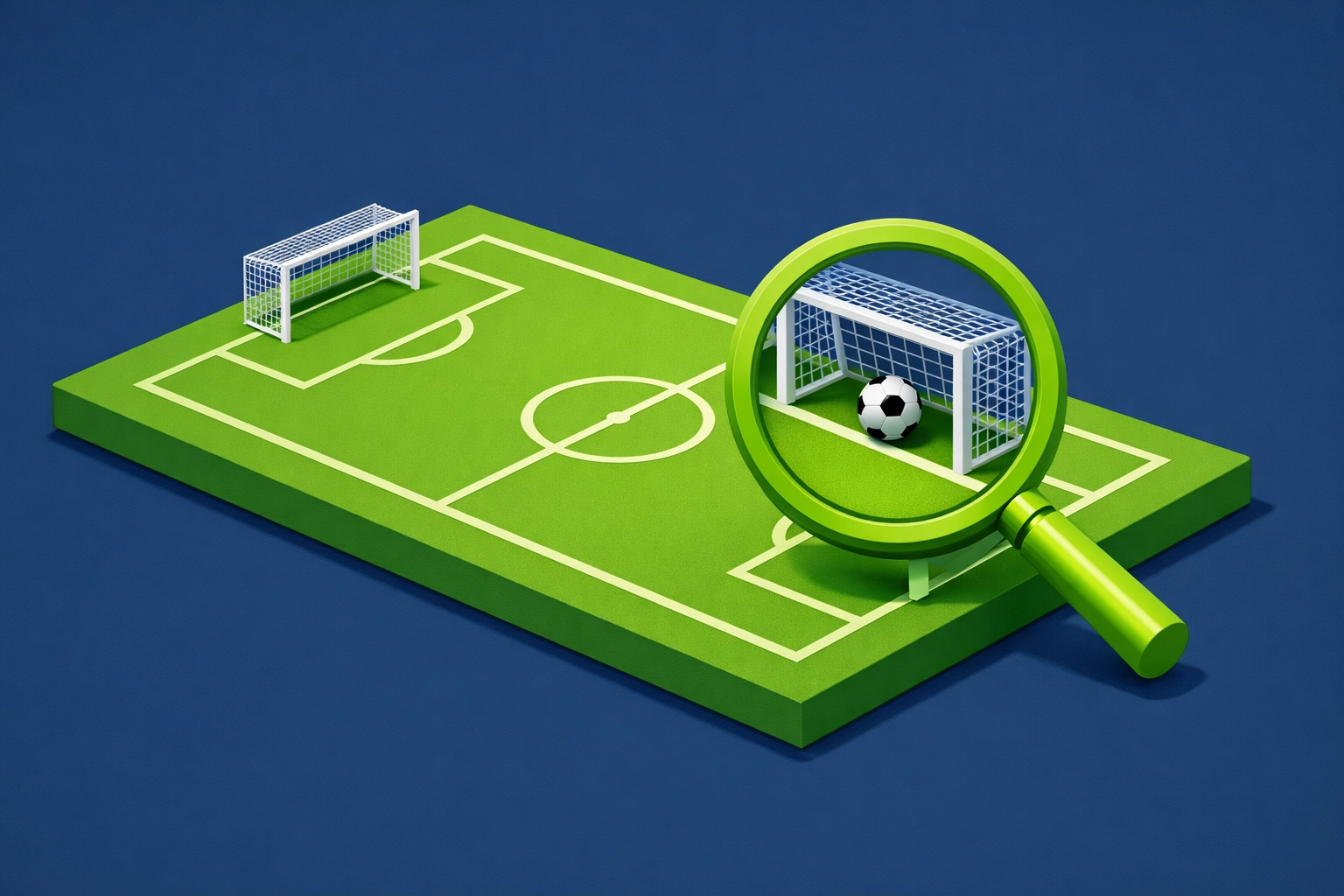 A magnifying glass over a football goal on a pitch, representing finding a niche betting strategy.