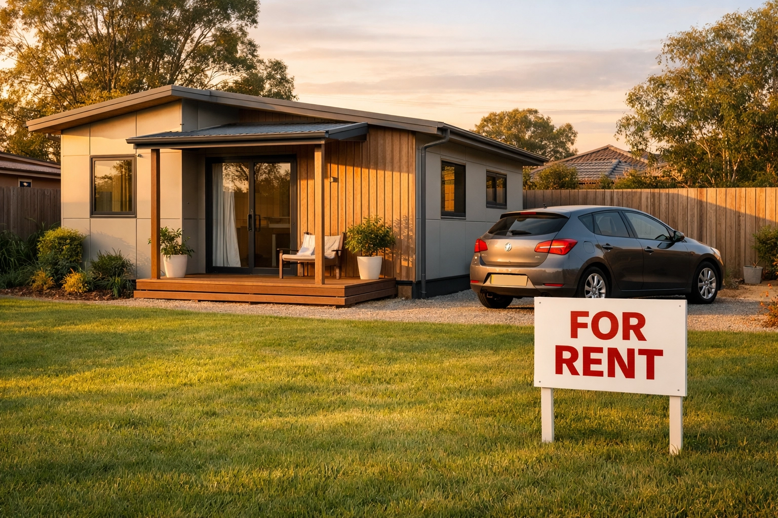 Modern granny flat in Australian backyard with tenant car and rental sign