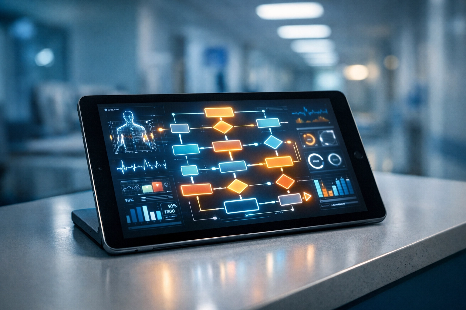 Hospital tablet showing autonomous AI flowcharts illustrating unsupervised digital processes in healthcare.