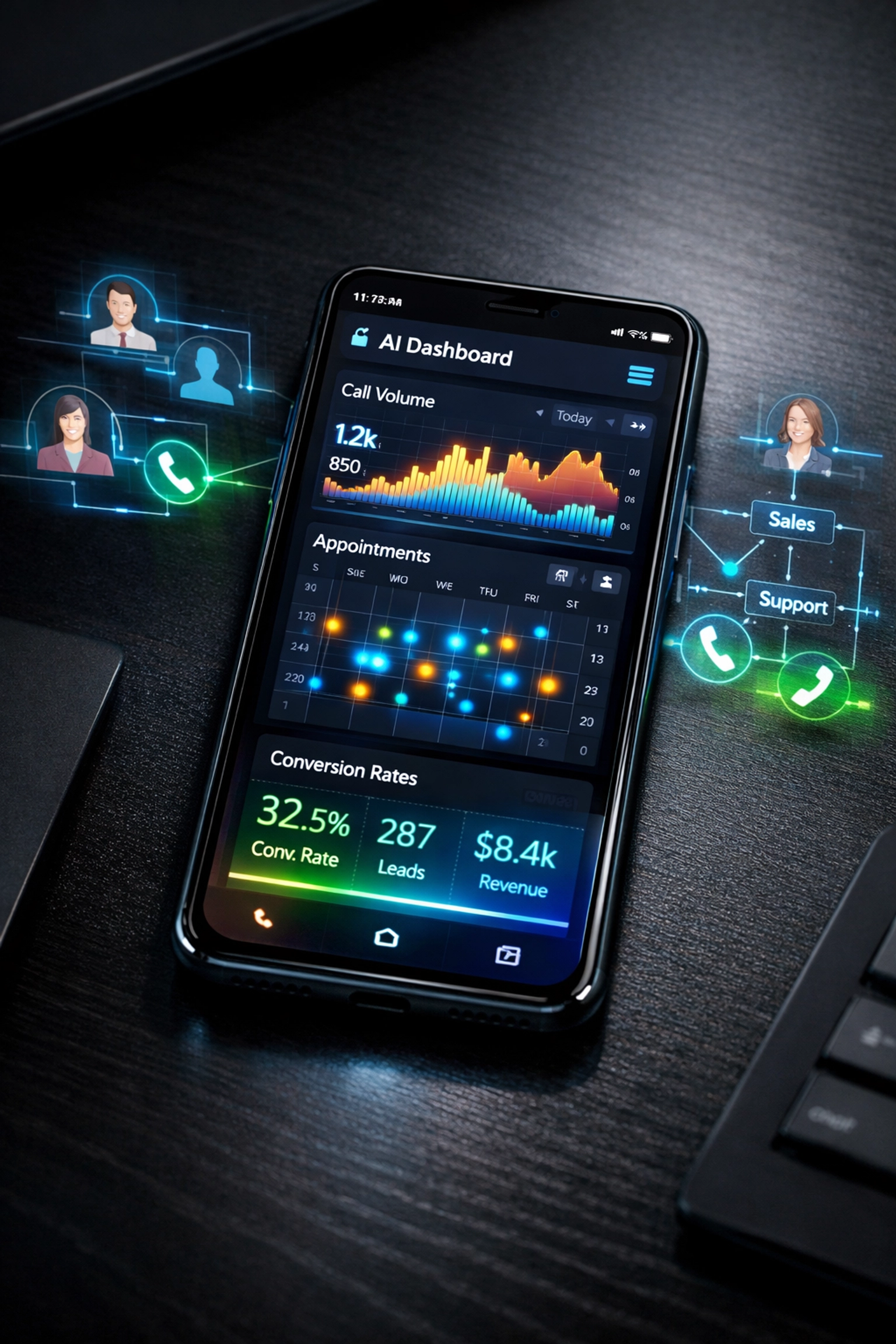 AI receptionist dashboard showing real-time call analytics and appointment bookings for small business