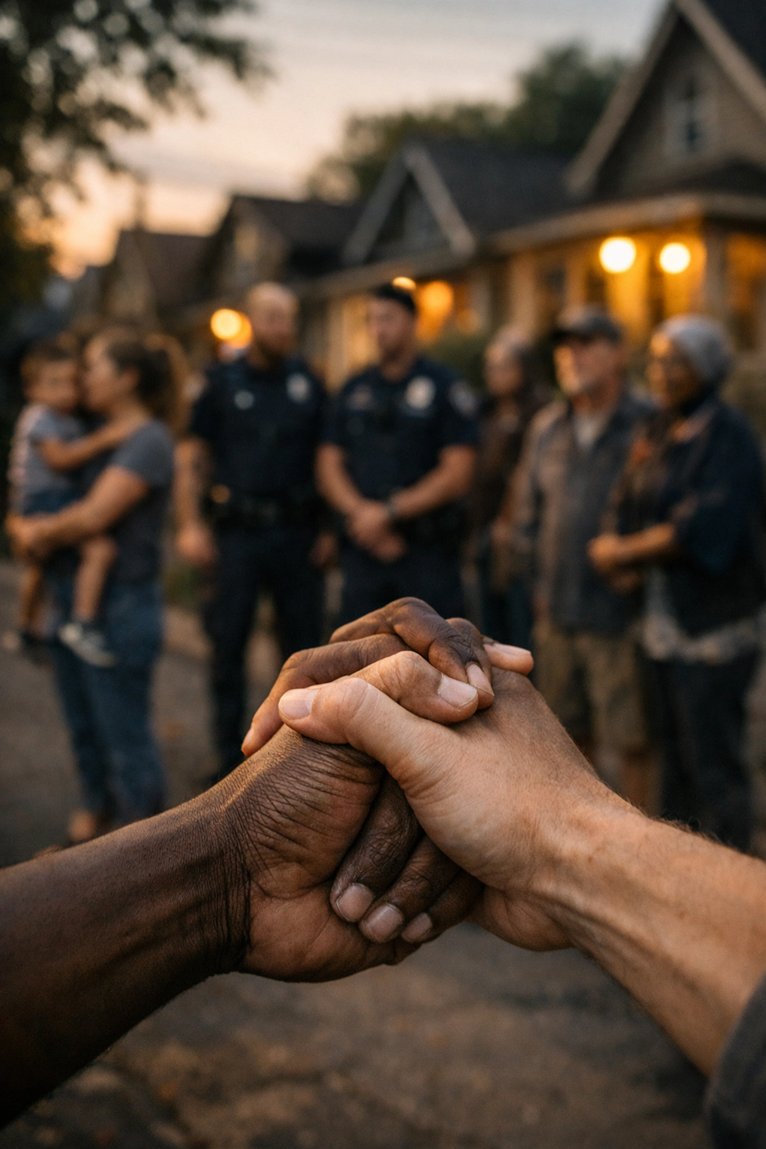 Diverse Minneapolis community members holding hands in unity on residential street