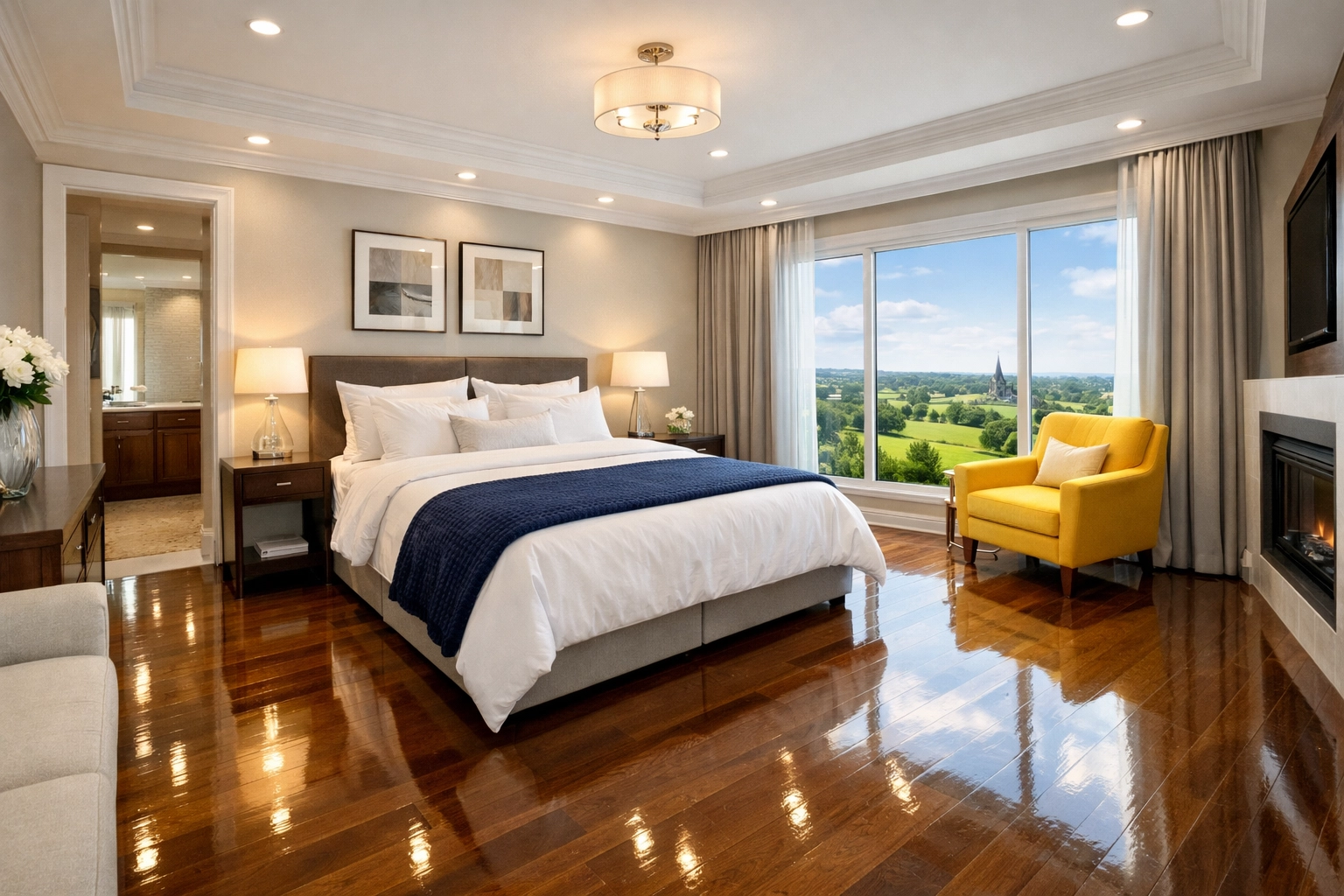 A bright master bedroom suite following a professional house cleaning service in Ashby MA.