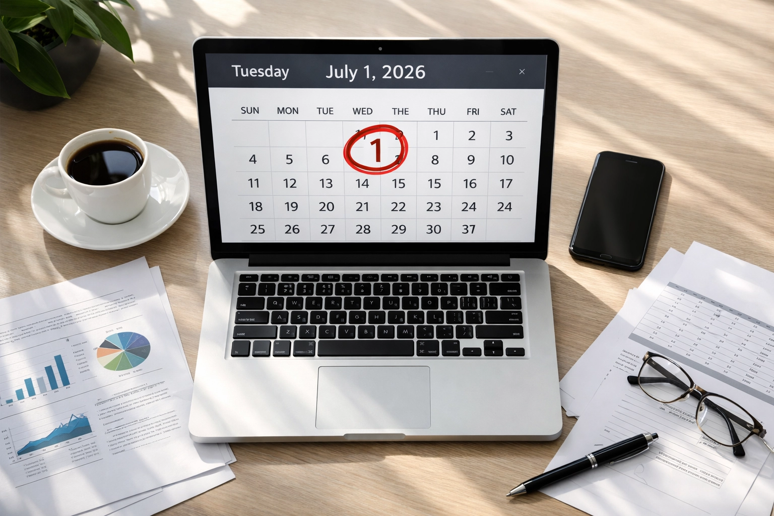 Calendar marking July 1 2026 Microsoft 365 price increase deadline on office desk