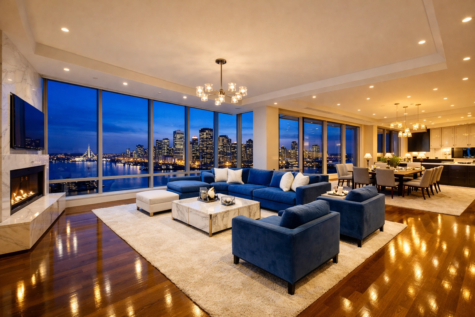Spotless luxury Seaport penthouse living room following comprehensive post-construction cleaning services.