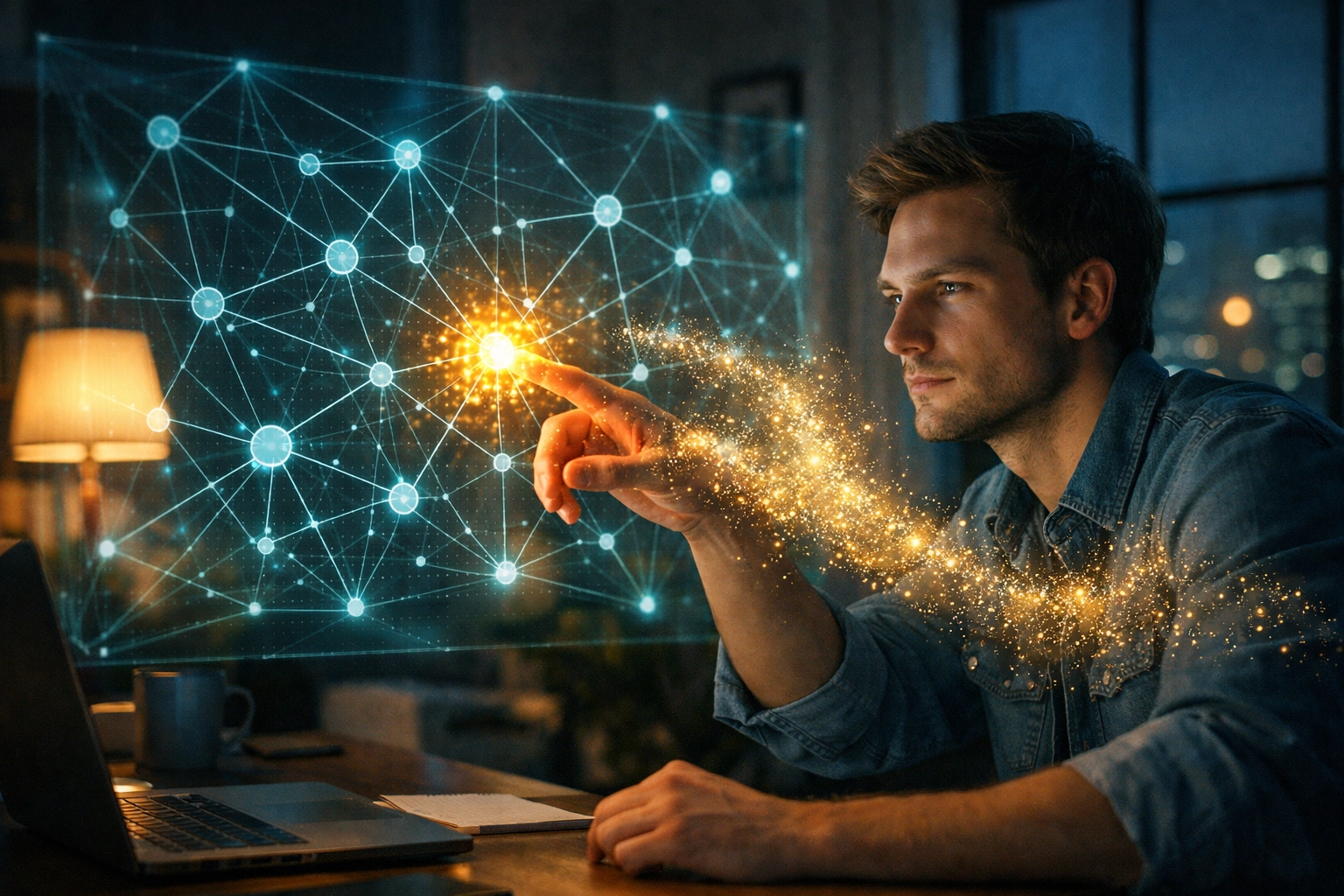 A professional using an AI-powered holographic interface to navigate through bite-sized study modules or chunks.