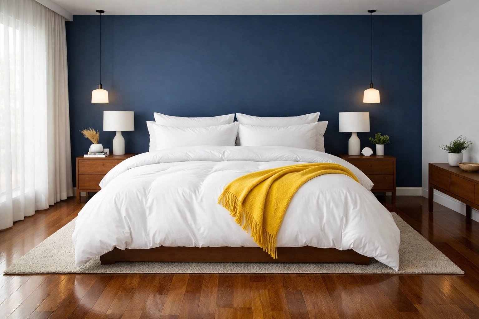 A serene sleep sanctuary with fresh white bedding and fluffy pillows after professional cleaning.