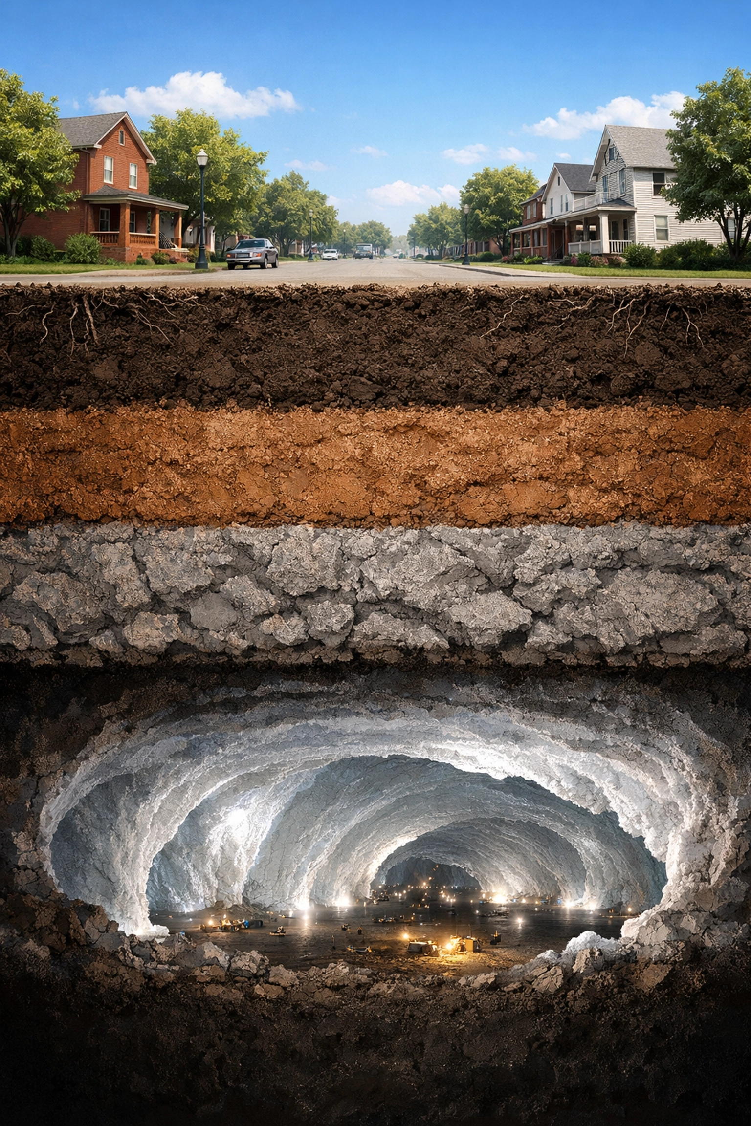 Graphic showing the distance between Detroit residential streets and the deep underground salt mines.