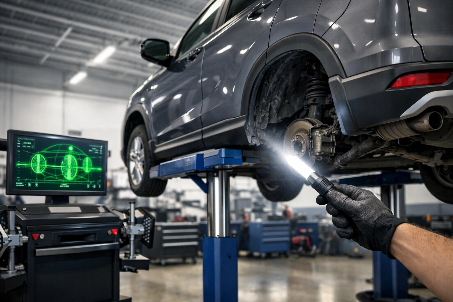 Professional vehicle inspection for pothole damage and wheel alignment at our auto repair shop.