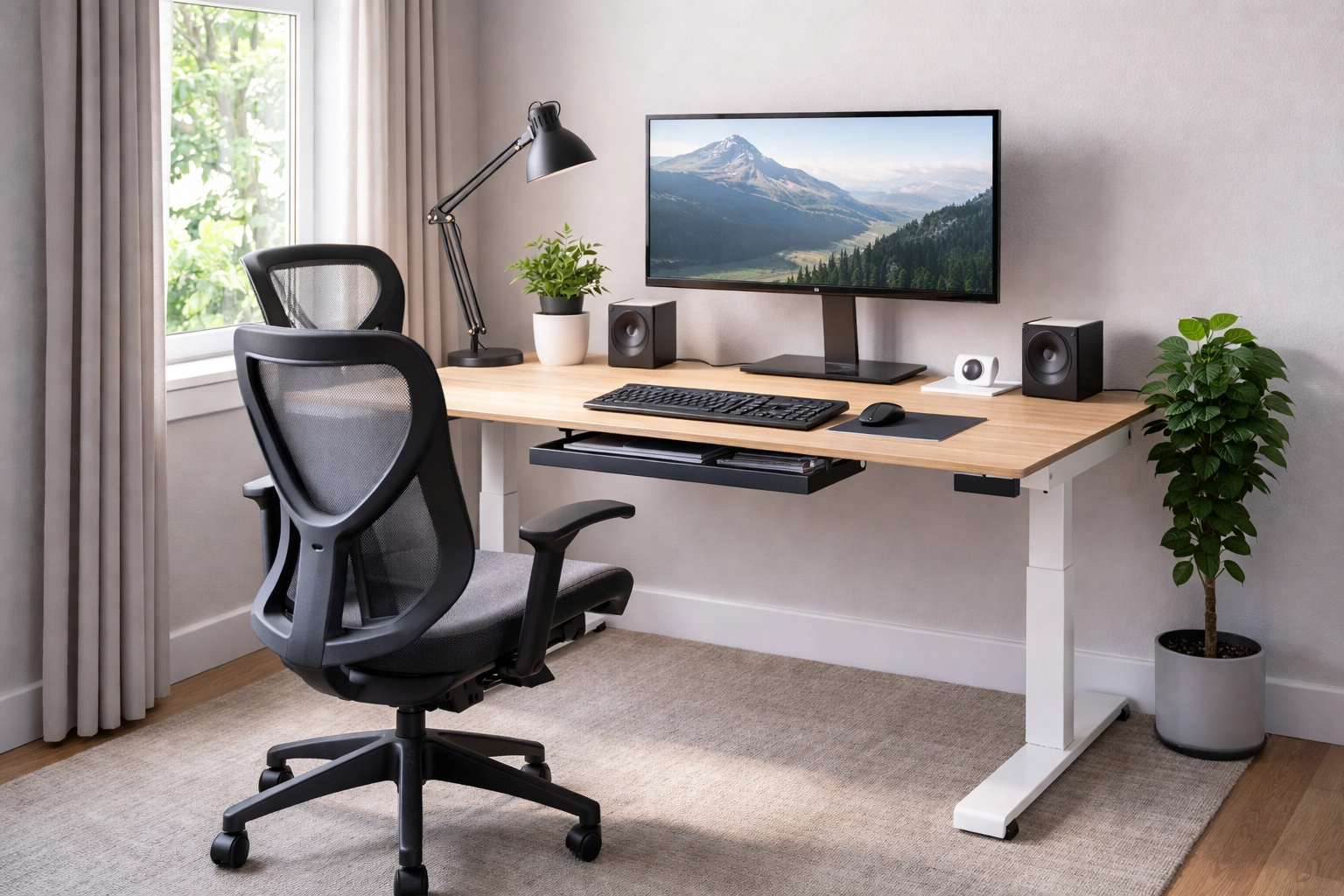 Ergonomic home office setup with standing desk and natural light, highlighting safety strategies for remote work insurance