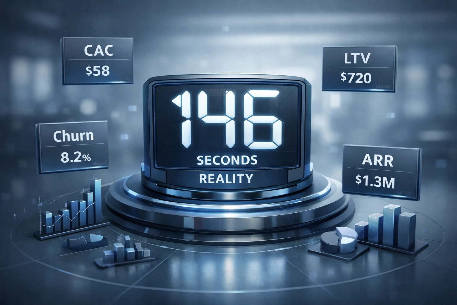 Sleek futuristic 3D countdown timer at 146 seconds surrounded by unit economics metric cards and financial charts in muted blue-gray tones.