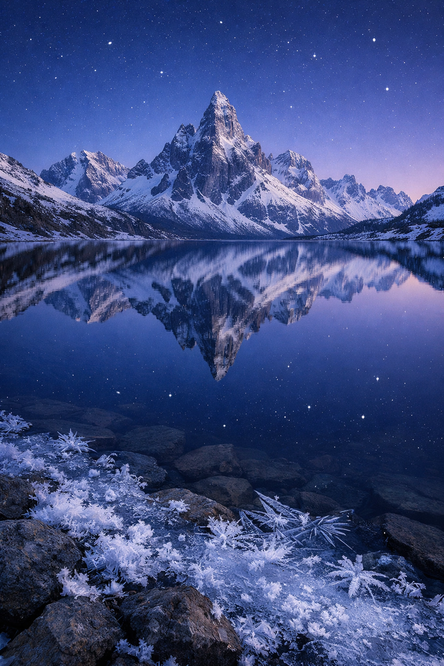 Mountain reflection in a calm alpine lake during blue hour in a wide-angle landscape photography image.