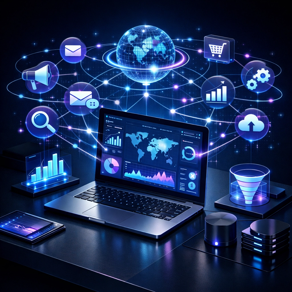Digital marketing tech stack showing AI lead generation and CRM automation for small business growth, Simon Leung.