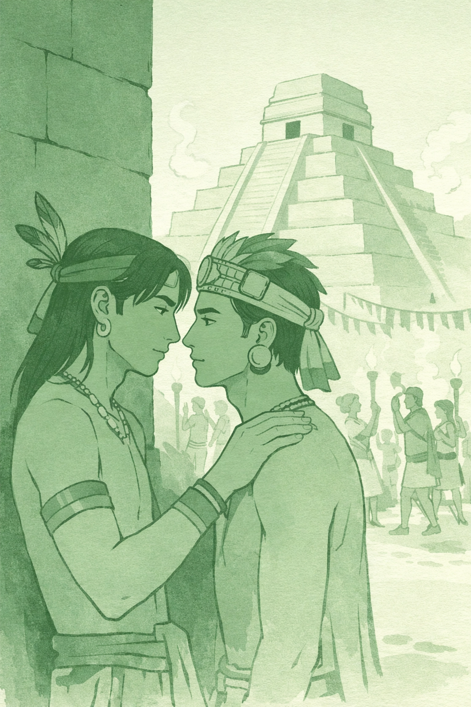 Mayan step-brothers sharing forbidden moment during temple festival celebration