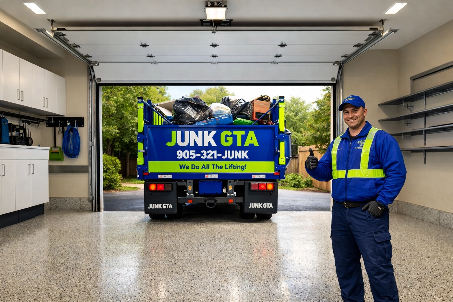 Clean garage in East Gwillimbury after professional junk removal service by Junk GTA team and branded truck.