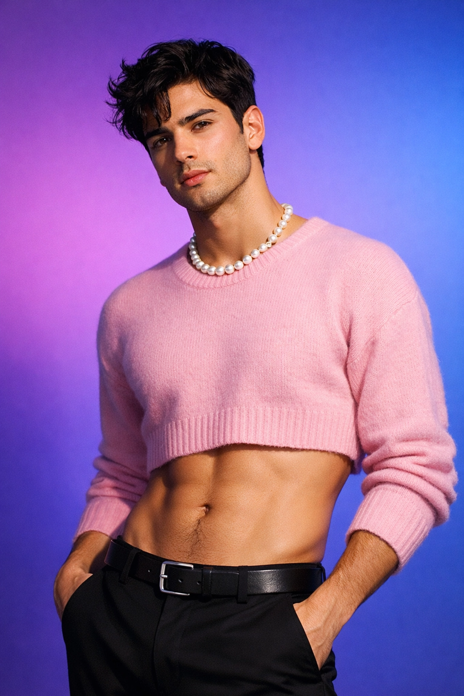 Man in pastel cropped sweater and pearl necklace showcasing queer-coded gay fashion trends