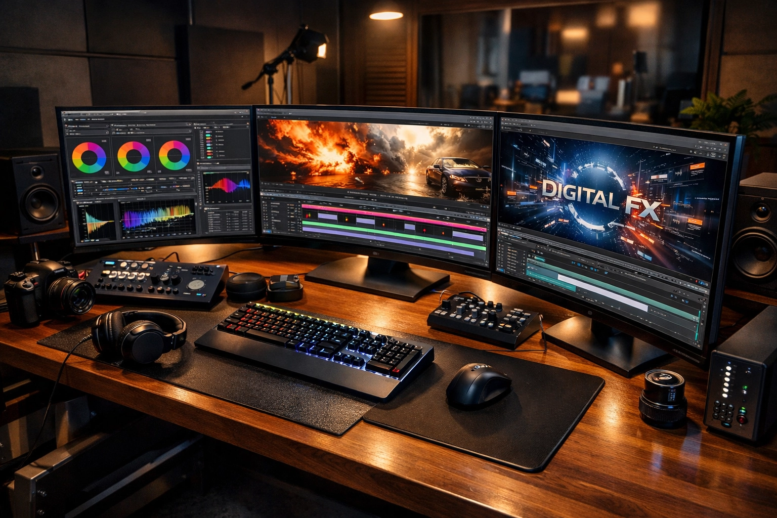 Professional digital media production studio featuring high-tech workstations for creative content generation.