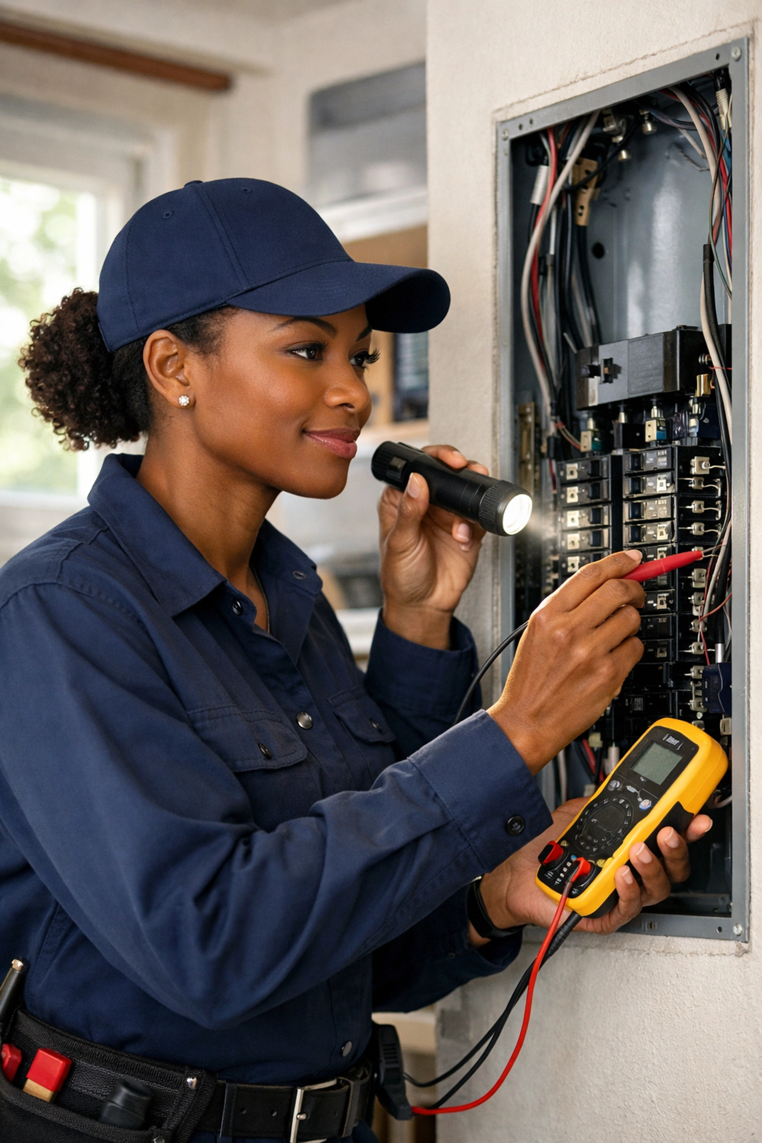 Licensed electrician inspecting residential electrical panel to diagnose flickering light causes