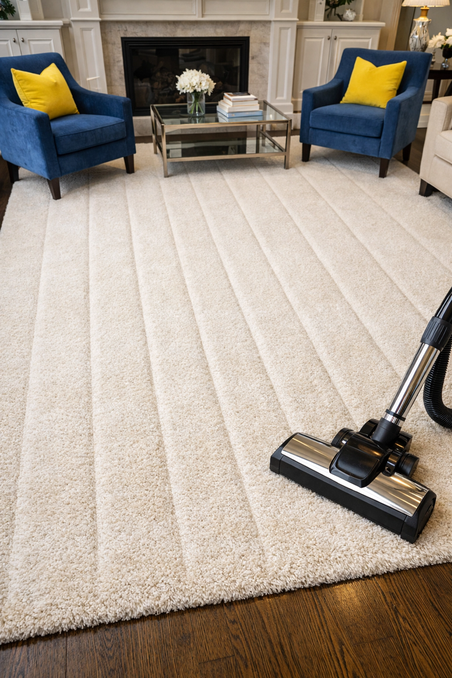 Weekly house cleaning Leominster MA: professional vacuum lines on a clean rug in a residential home.