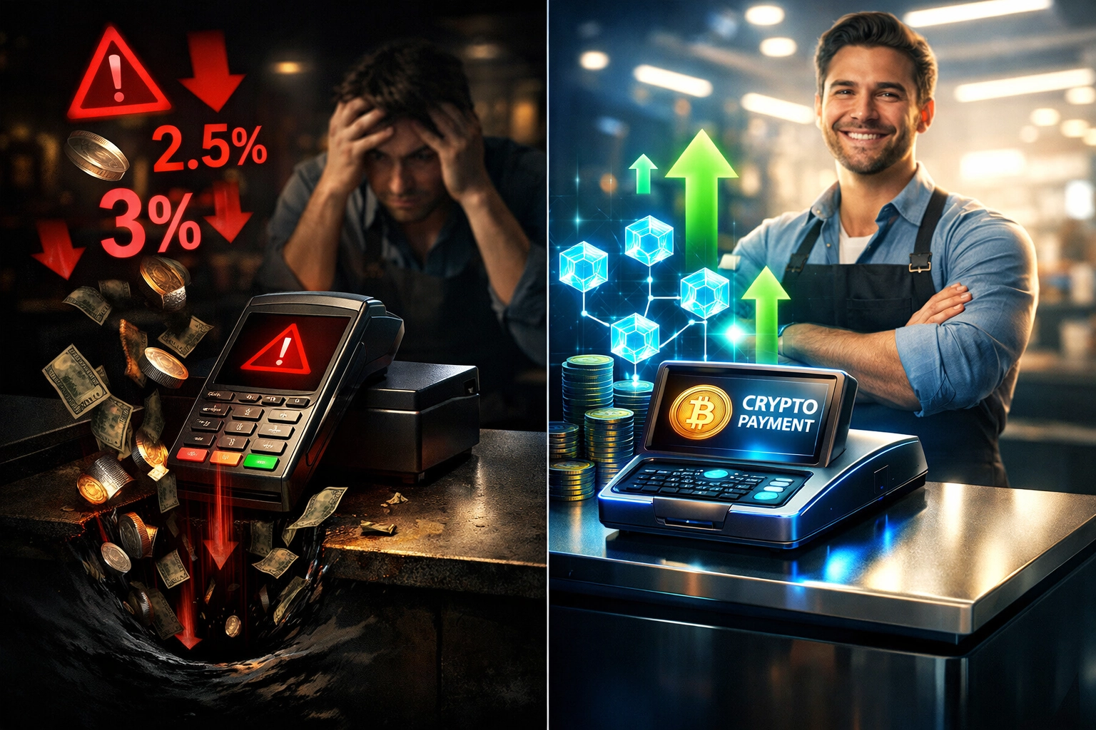 Traditional POS terminal vs crypto POS system comparison showing merchant fee differences