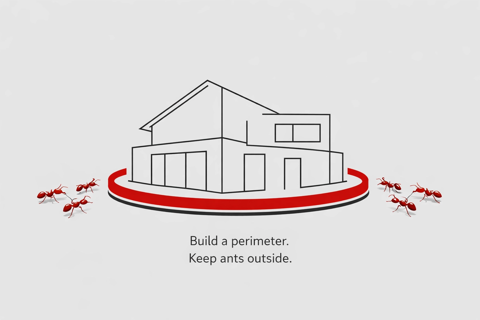 Minimalist graphic of a red protective barrier around a house blocking ants for effective ant infestation control.