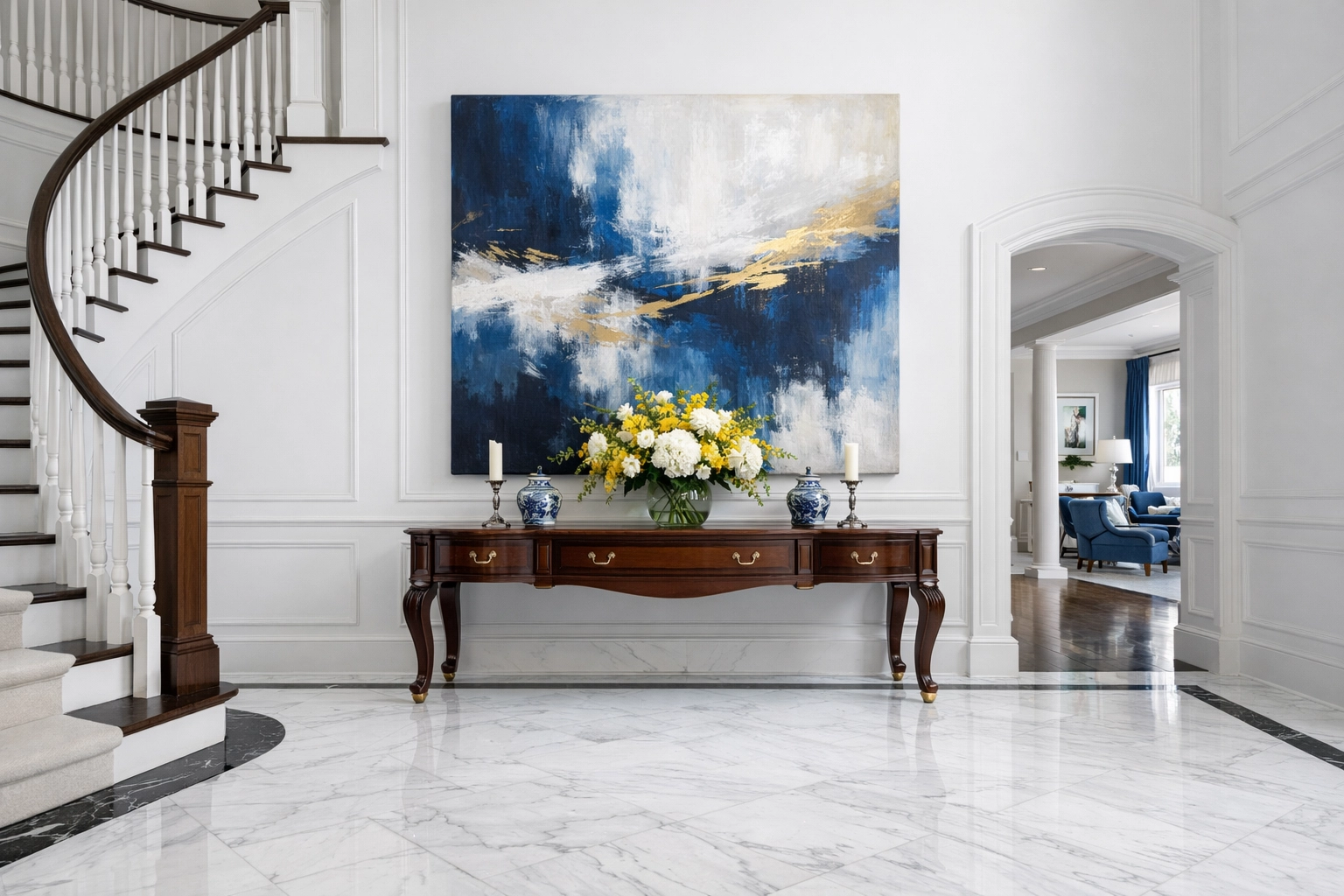 A clean, grand foyer in a Sudbury home, illustrating professional house cleaning in Sudbury MA.