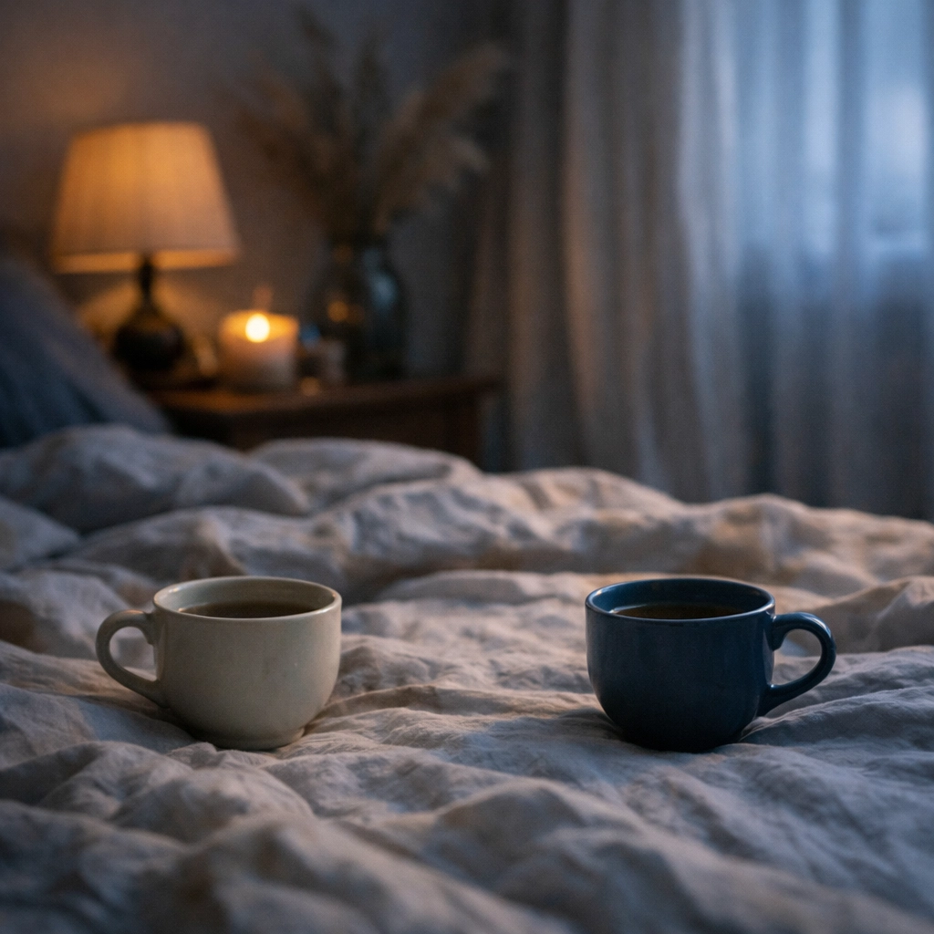Két kávéscsésze az ágyon, szemléltetve a párkapcsolati távolságot és az intimitás hiányát a hálószobában.