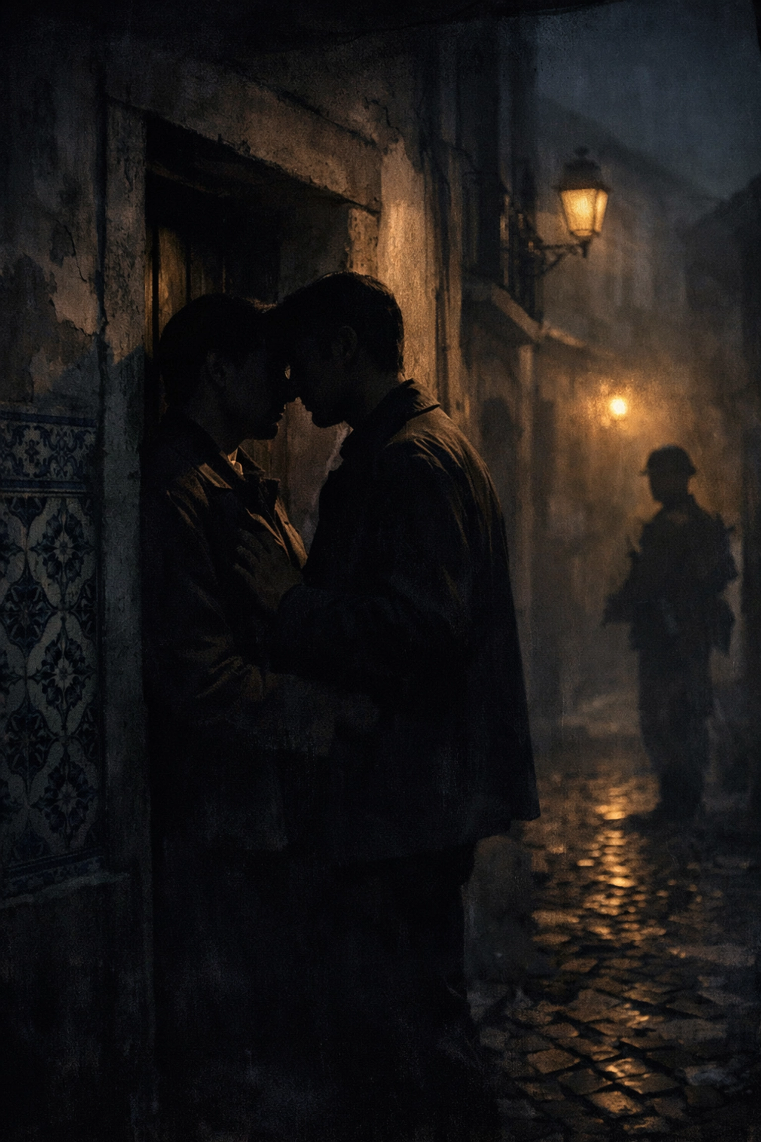 Two men in shadows in 1960s Lisbon representing hidden gay life under Portuguese dictatorship