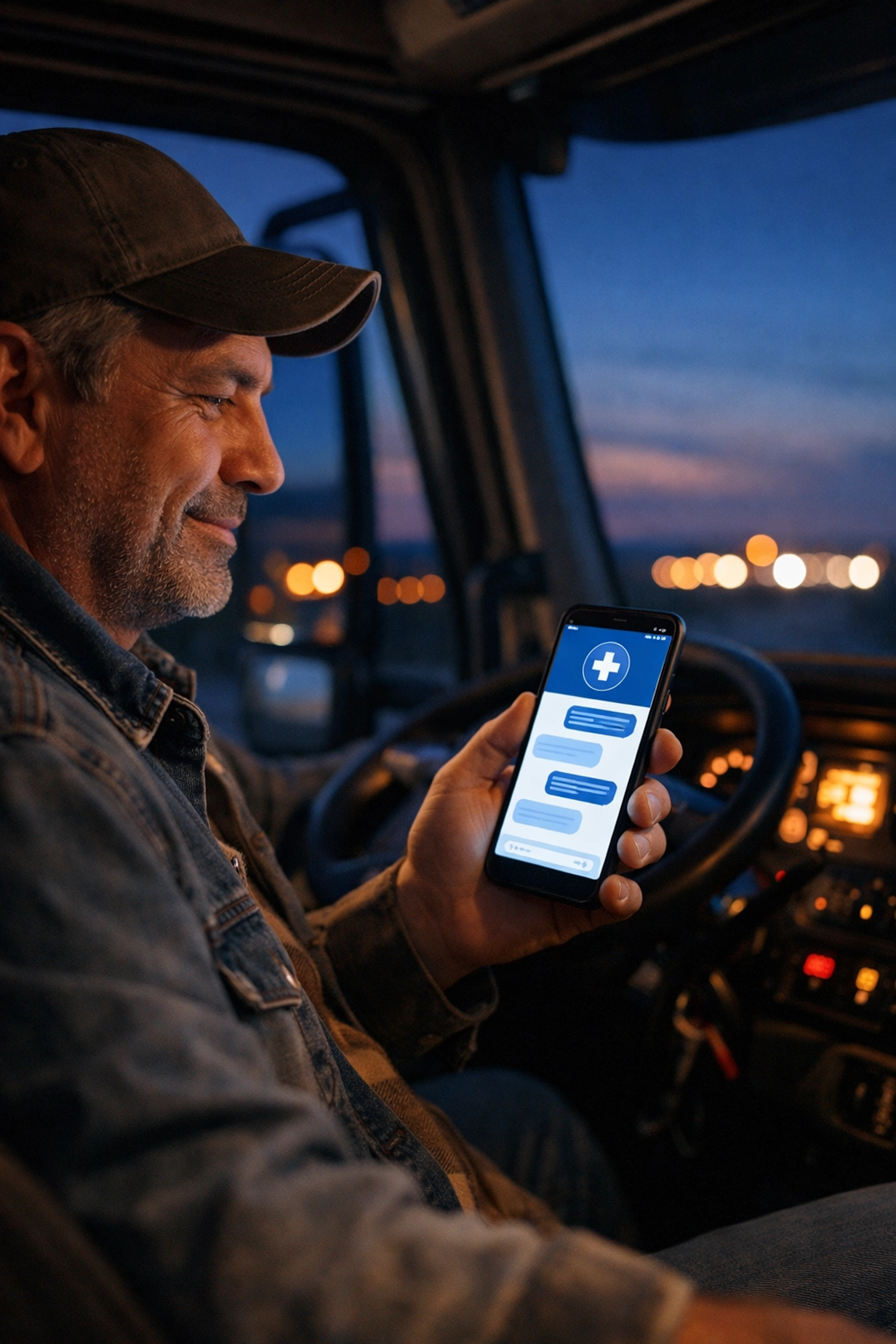 Truck driver using secure medical messaging to chat with a doctor 24/7 during a rest break.