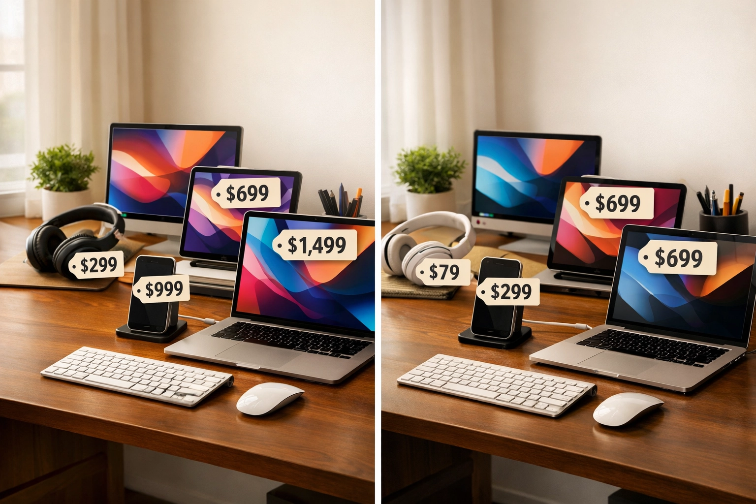 Cost comparison of new electronics versus refurbished tech showing significant savings