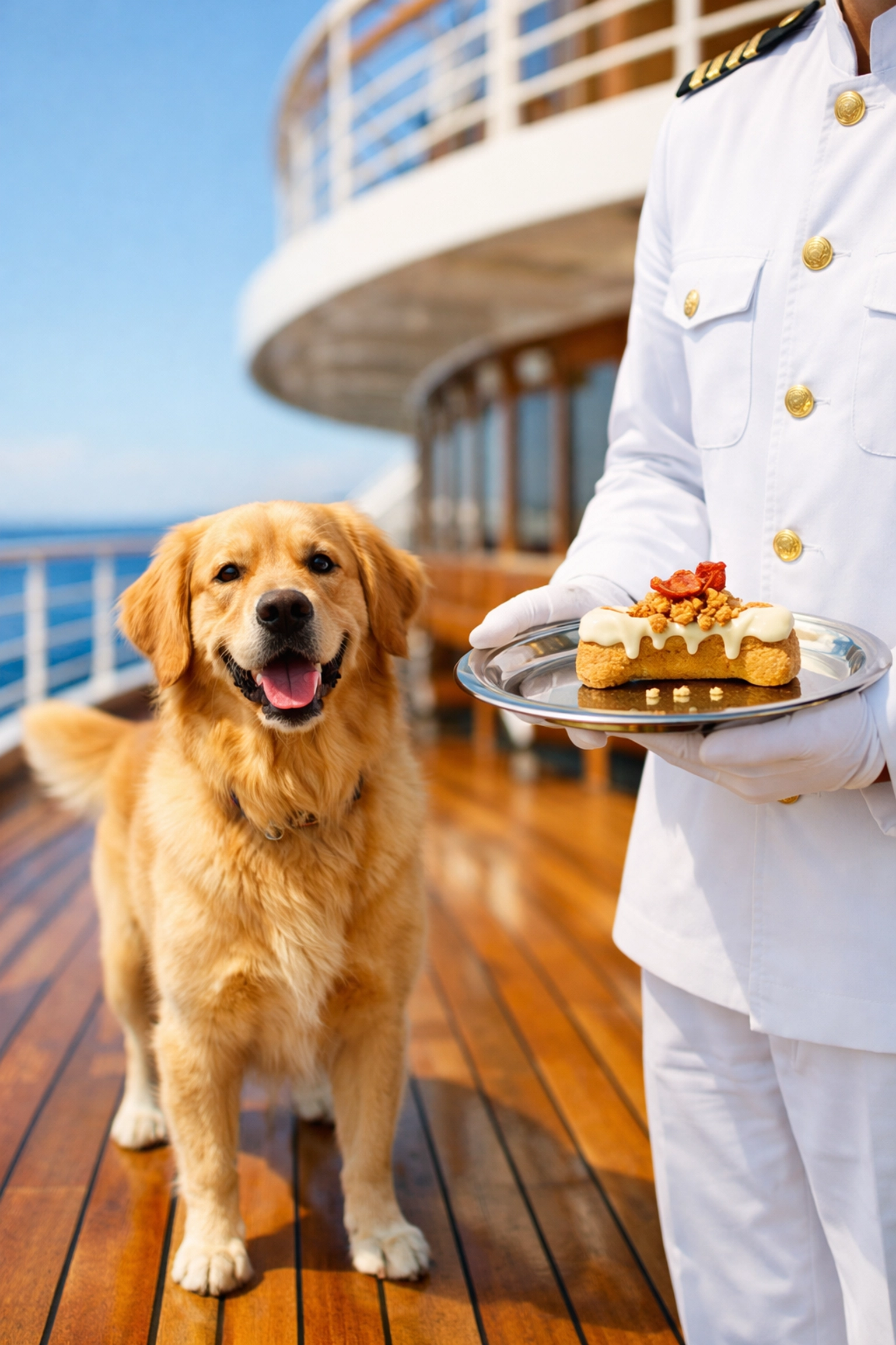 Luxury cruise ship dog butler serving a treat to a pet on a wooden ship deck at sea.