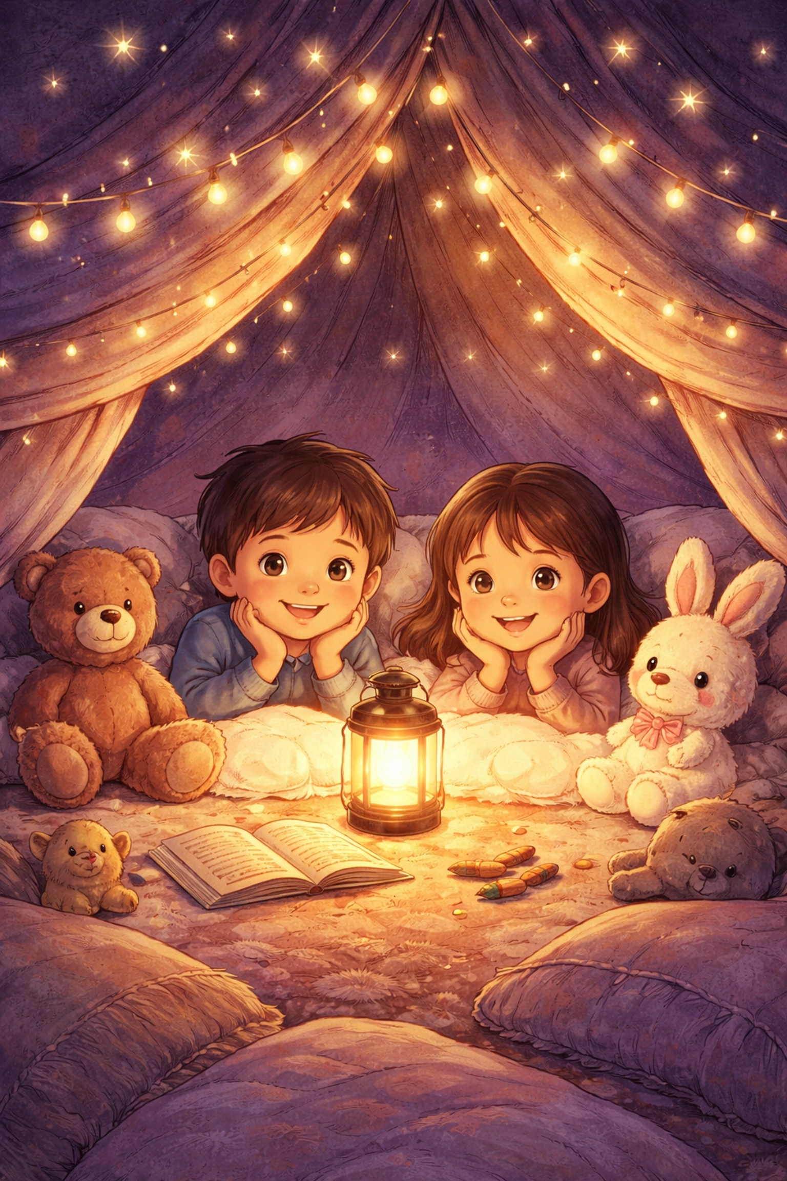 Two children relax in a cozy blanket fort at night, reading with lanterns and stuffed animals