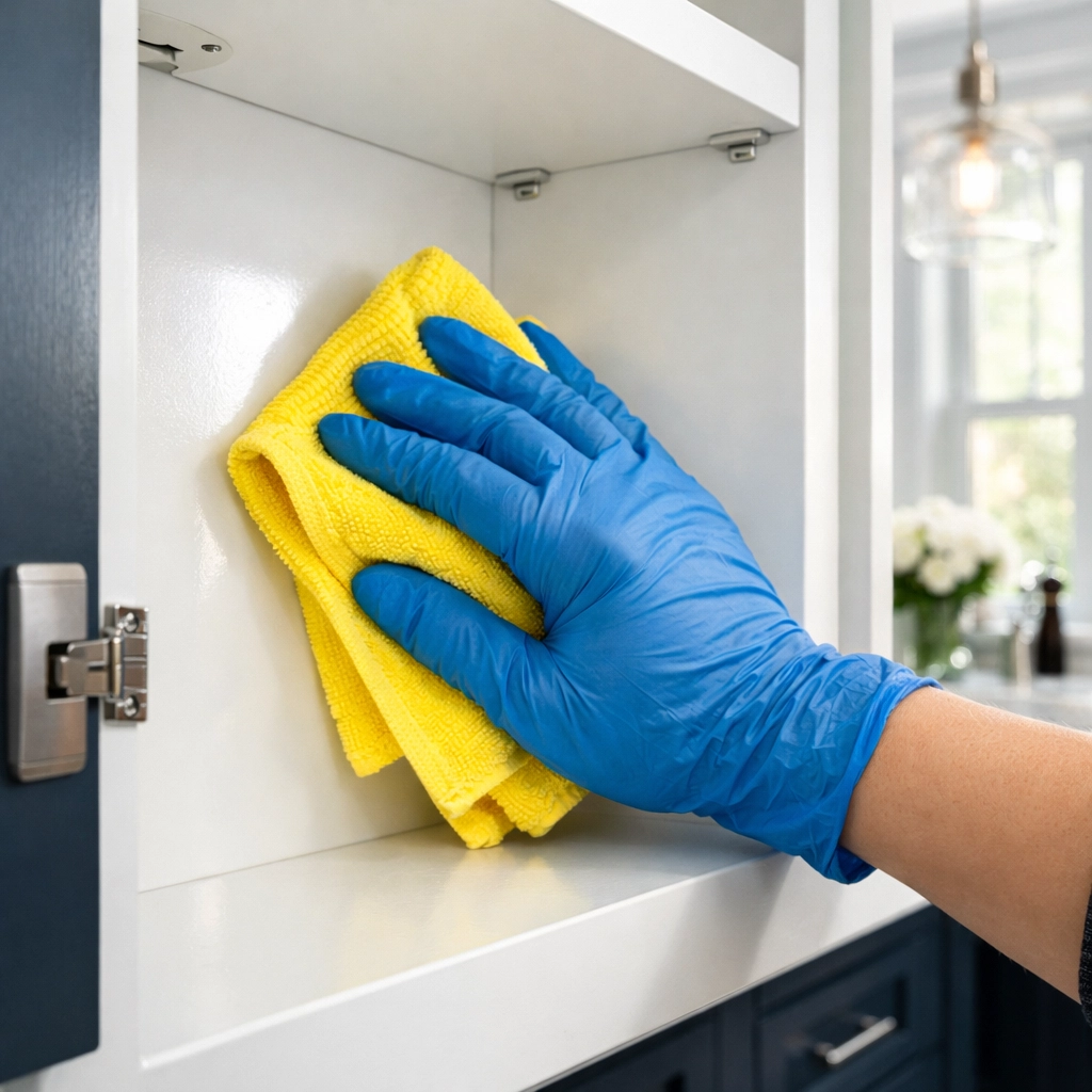 Professional move-in cleaning service Boston technician deep cleaning interior kitchen cabinets.
