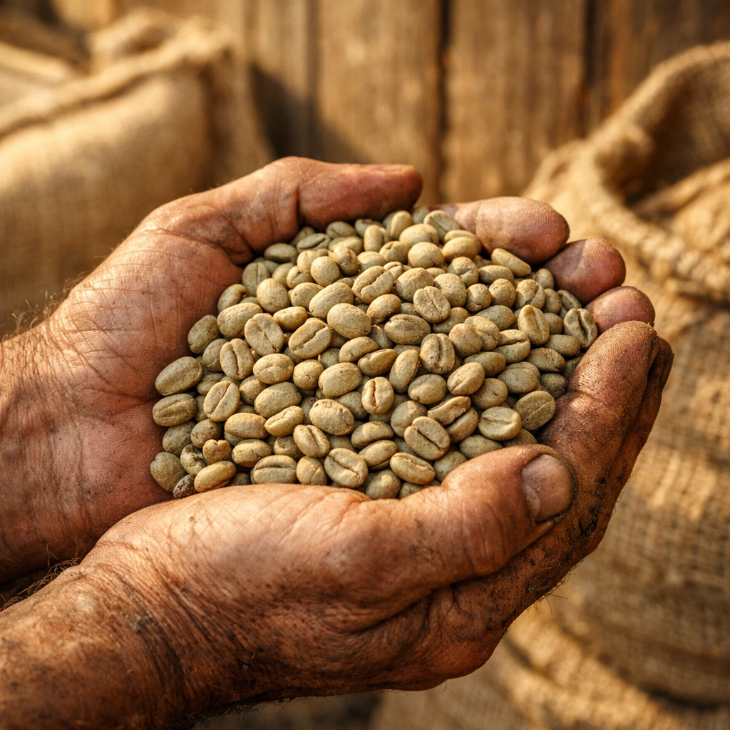 Close-up of hands holding raw green specialty coffee beans at a farm for wholesale sourcing.